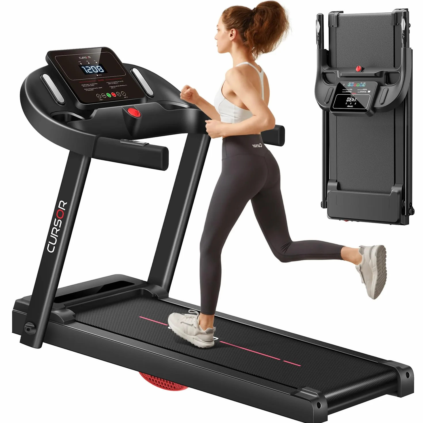CURSOR FITNESS Bieżnia do domu, składana, 14 km/h, bieżnia z monitorem tętna, aplikacja i zmodernizowany, cichy silnik, Treadmill for Home z 12 programami treningowymi, maksymalne obciążenie 136 kg