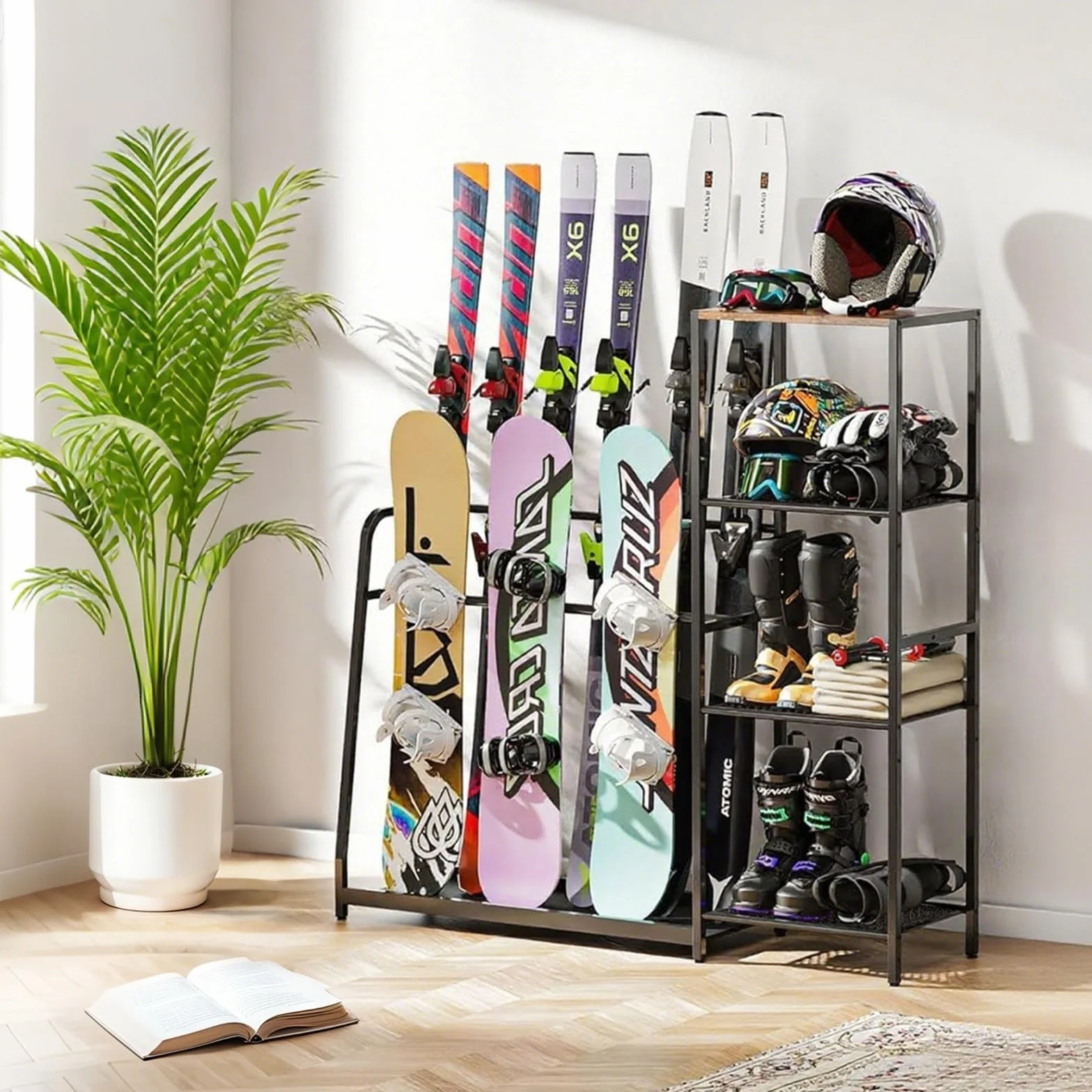 Regał do przechowywania nart, stojak na 4 pary nart, 3 deski snowboardowe, buty narciarskie, kijki narciarskie, gogle narciarskie i stojak na kask, stojak na deskę snowboardową do garażu i domu