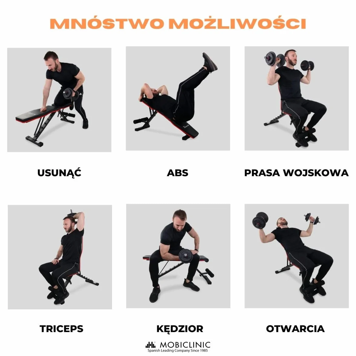 Mobiclinic® fitness, Ławka treningowa, Składana, Udźwig 200 kg, Regulowane siedzisko i oparcie, Flexfit, Wielofunkcyjna, Trening całego ciał, Mocna stabilna, Domowa łownia