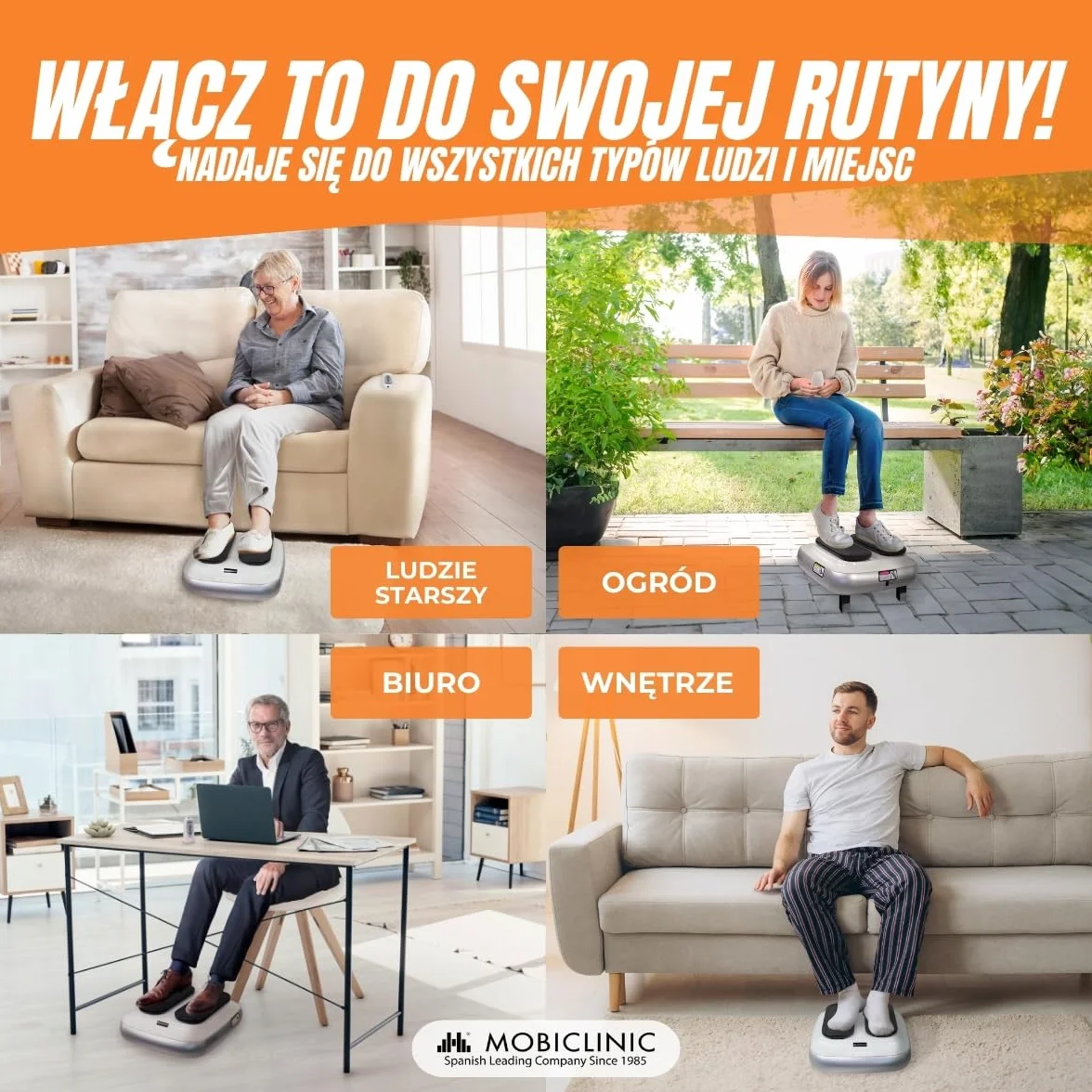 Mobiclinic, Trener nóg, Elektryczne, Legfit, Marka europejska, Gimnastyka pasywna, Ćwiczenie na siedząco, Dla seniorów, Nastolatków, Z pilotem, Regulowana prędkość