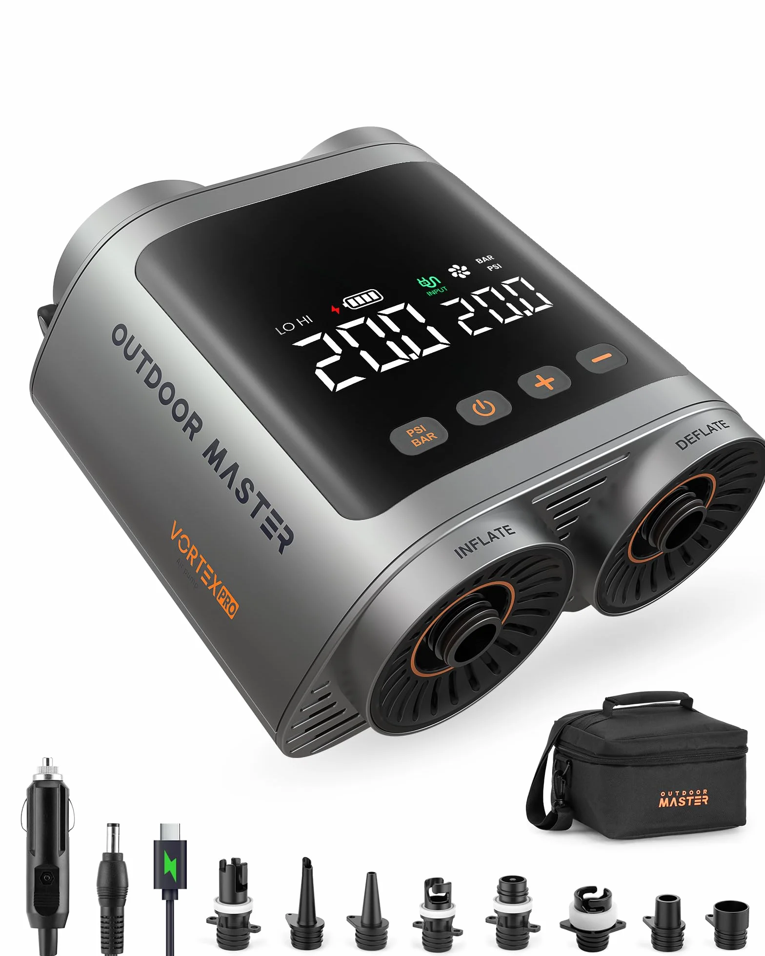 OutdoorMaster Vortex Pro 57,7 Wh przenośna pompka do padla, elektryczna pompa SUP z akumulatorem do 3 pompowania i opróżniania, maks. 20 PSI 12 V/15,8 V DC i wejścia typu C, 8 dysz