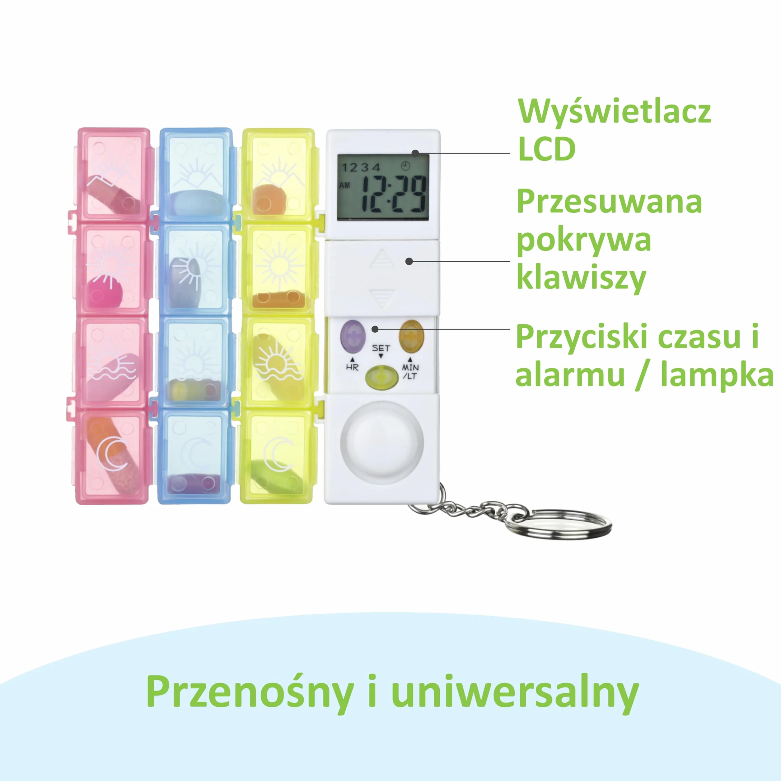 Dozownik leków na 7 dni z alarmem | Pudełko na lekarstwa na tabletki tygodniowe z timerem i budzikiem do przypomnienia | Polski opis | Wzmocniony dźwięk alarmu | Pojemniki na tabletki kolorowe