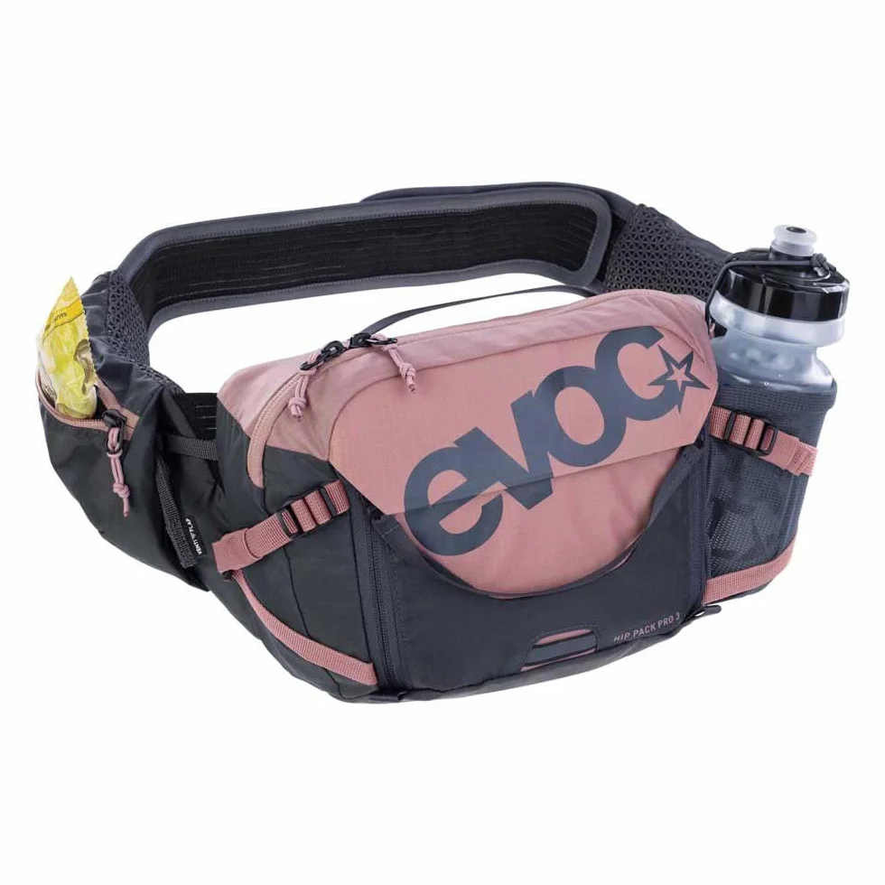 EVOC HIP PACK PRO 3 + HYDRATION BLADDER 1.5, saszetka biodrowa (AIR FLOW CONTACT SYSTEM, pas biodrowy AERO FLEX, w tym 1,5l bukłak i uchwyt na butelkę, One Size), Dusty Pink - Carbon Grey