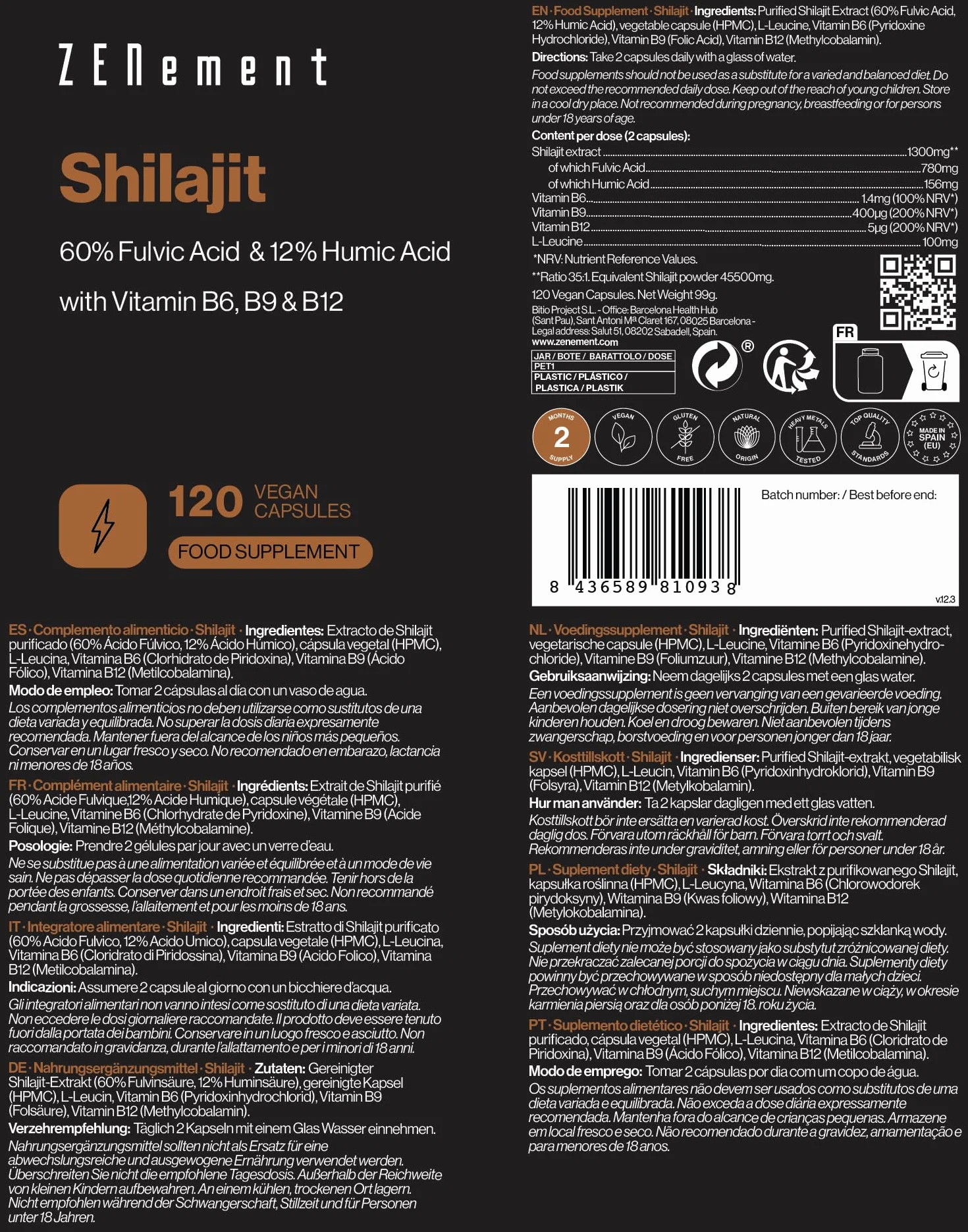 Czysty Shilajit z Himalajów 1300 mg (45000 mg Proszku) na Dawkę – 60% Kwas Fulwowy, 12% Humusowy – z Wit. B6, B9, B12 – 120 Kapsułek Wegańskich, 2 Miesiące – Zenement