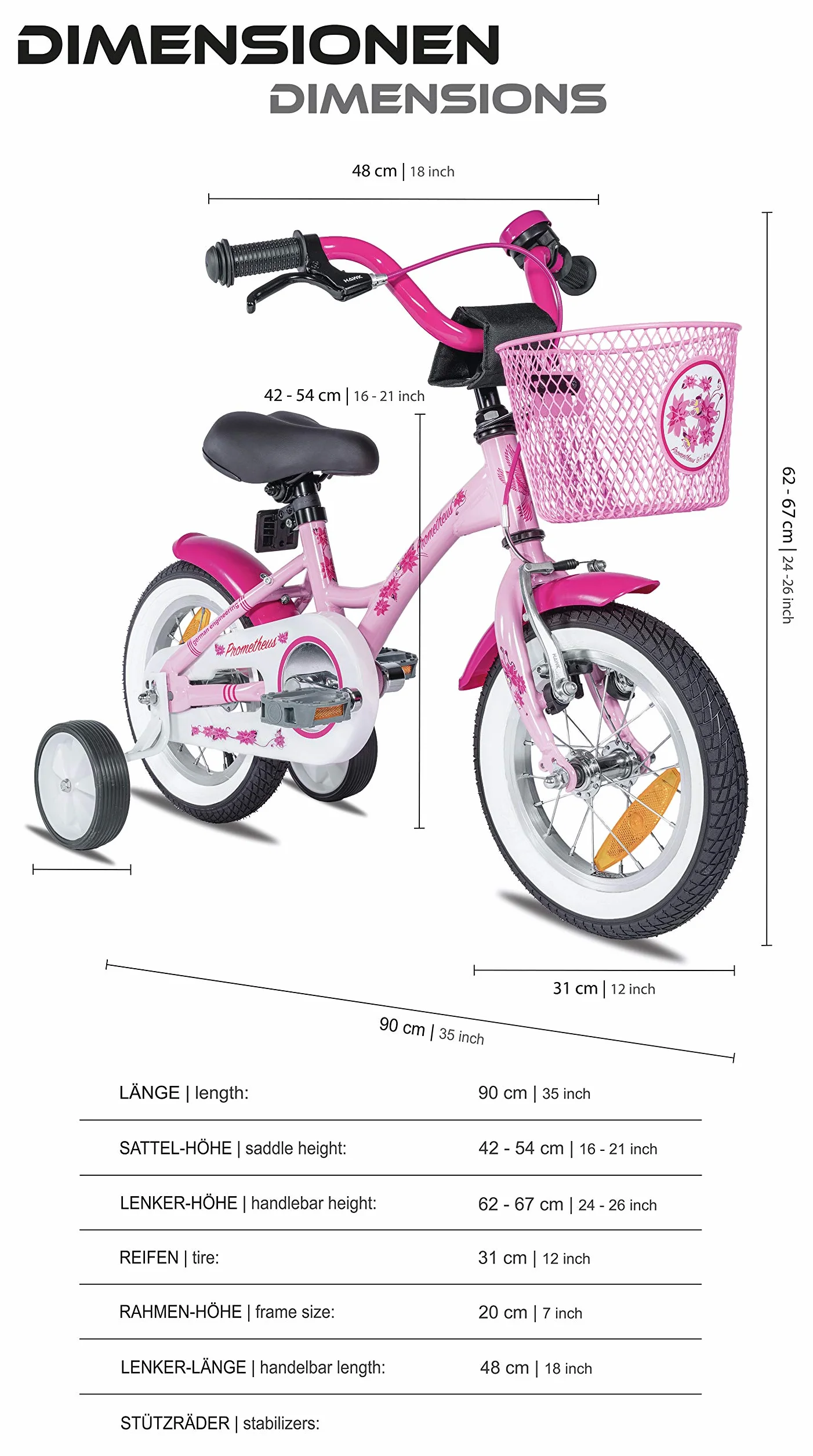 PROMETHEUS BICYCLES Rower dziecięcy od 3 lat – rower dziewczęcy 12 cali, rower dla dziewczynek, rower dla dzieci z kółkami podporowymi, hamulec nożny w kolorze różowym