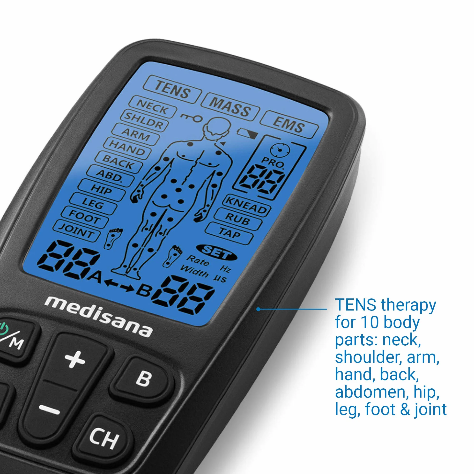 Medisana TT 205 TENS, aparat do stymulacji prądem EMS z 60 programami, aparat do elektroterapii rozluźniający mięśnie i uśmierzający ból pleców, szyi, ramion, brzucha, bioder z 4 elektrodami