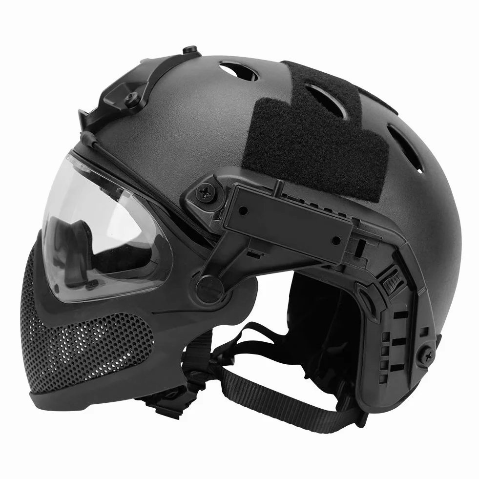 Taktyczny kask PJ Airsoft Fast F22, pełna ochrona twarzy z odpinaną maską i goglami, kask do jazdy na świeżym powietrzu.