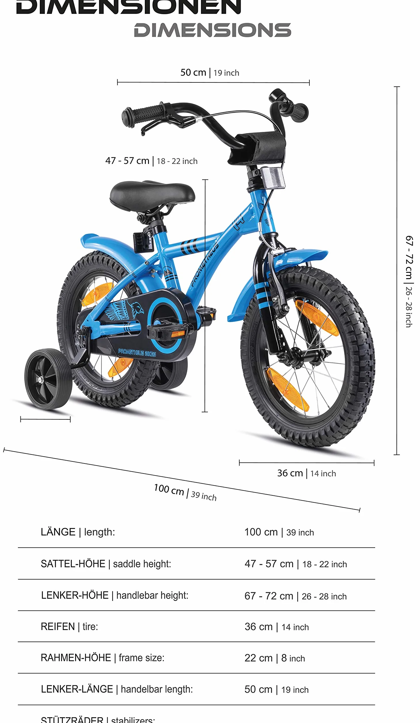 PROMETHEUS BICYCLES rower dziecięcy 14" dla dzieci z kółkami podporowymi hamulcem obrotowym niebieski