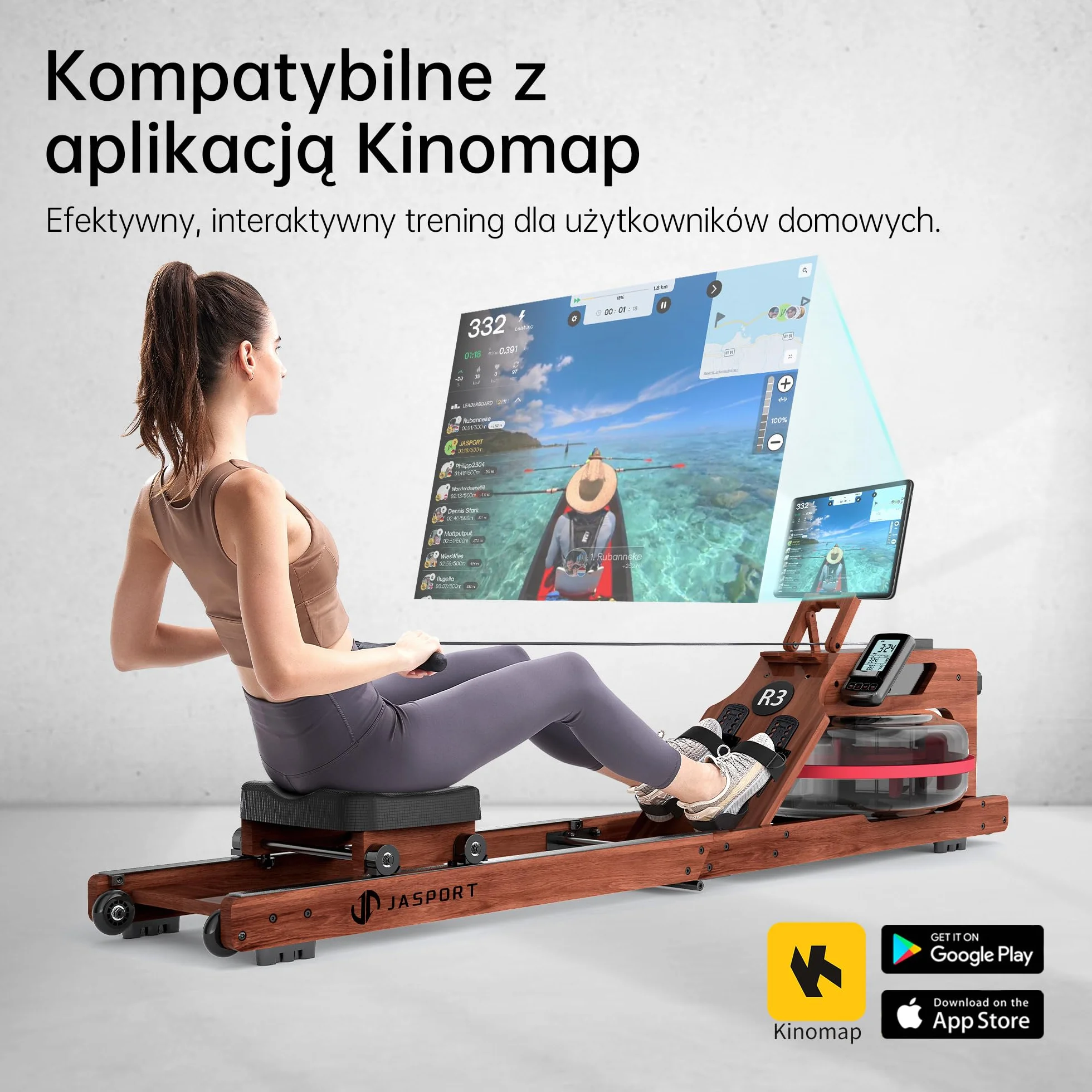 R3 składana maszyna wiosłarska z drewna dębowego, wyświetlacz LCD Bluetooth, kompatybilna z Kinomap, zbiornik 28L, 150 kg