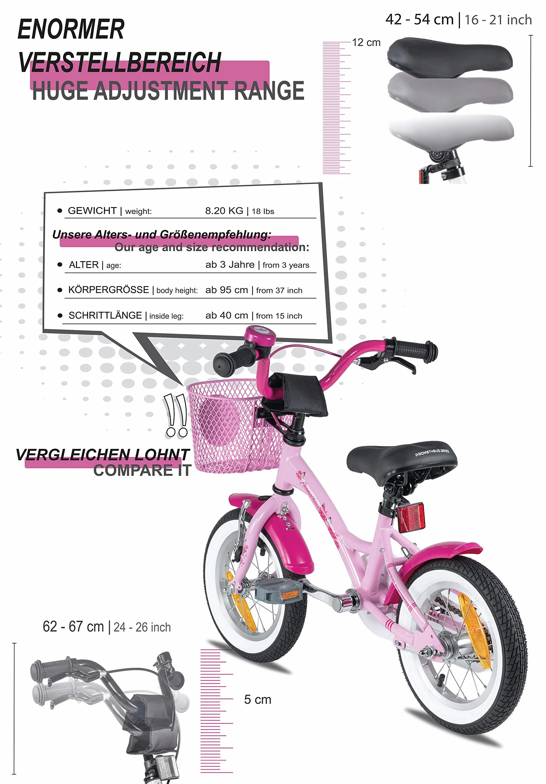 PROMETHEUS BICYCLES Rower dziecięcy od 3 lat – rower dziewczęcy 12 cali, rower dla dziewczynek, rower dla dzieci z kółkami podporowymi, hamulec nożny w kolorze różowym