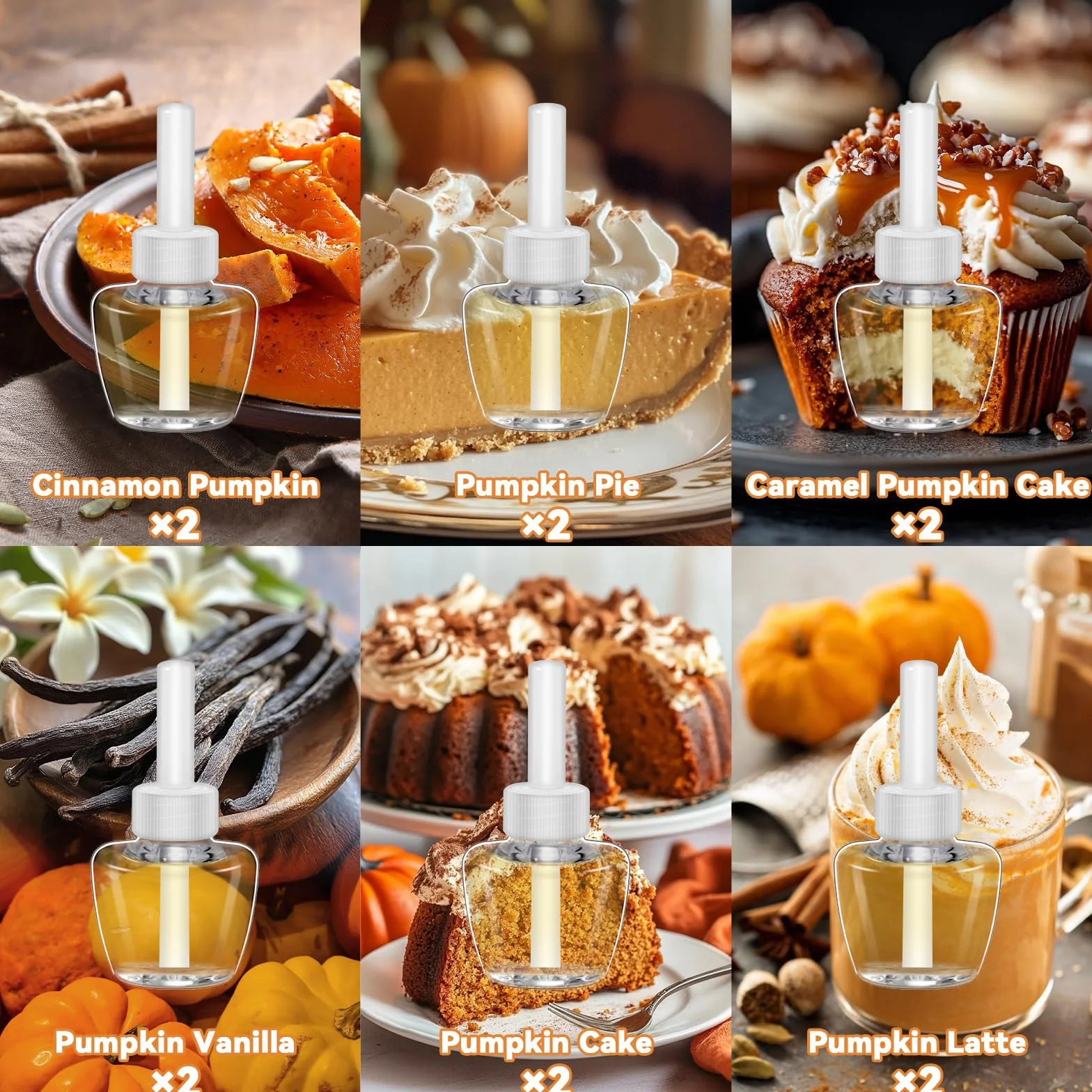 SCENTORINI Wkład do butelki olejku zapachowego, 12 x 19 ml, zapach do pokoju, odświeżacz powietrza kompatybilny z Air Wick & Glade korek zapachowy, 6 jesiennych zapachów, dyni cynamonowej, wanilii