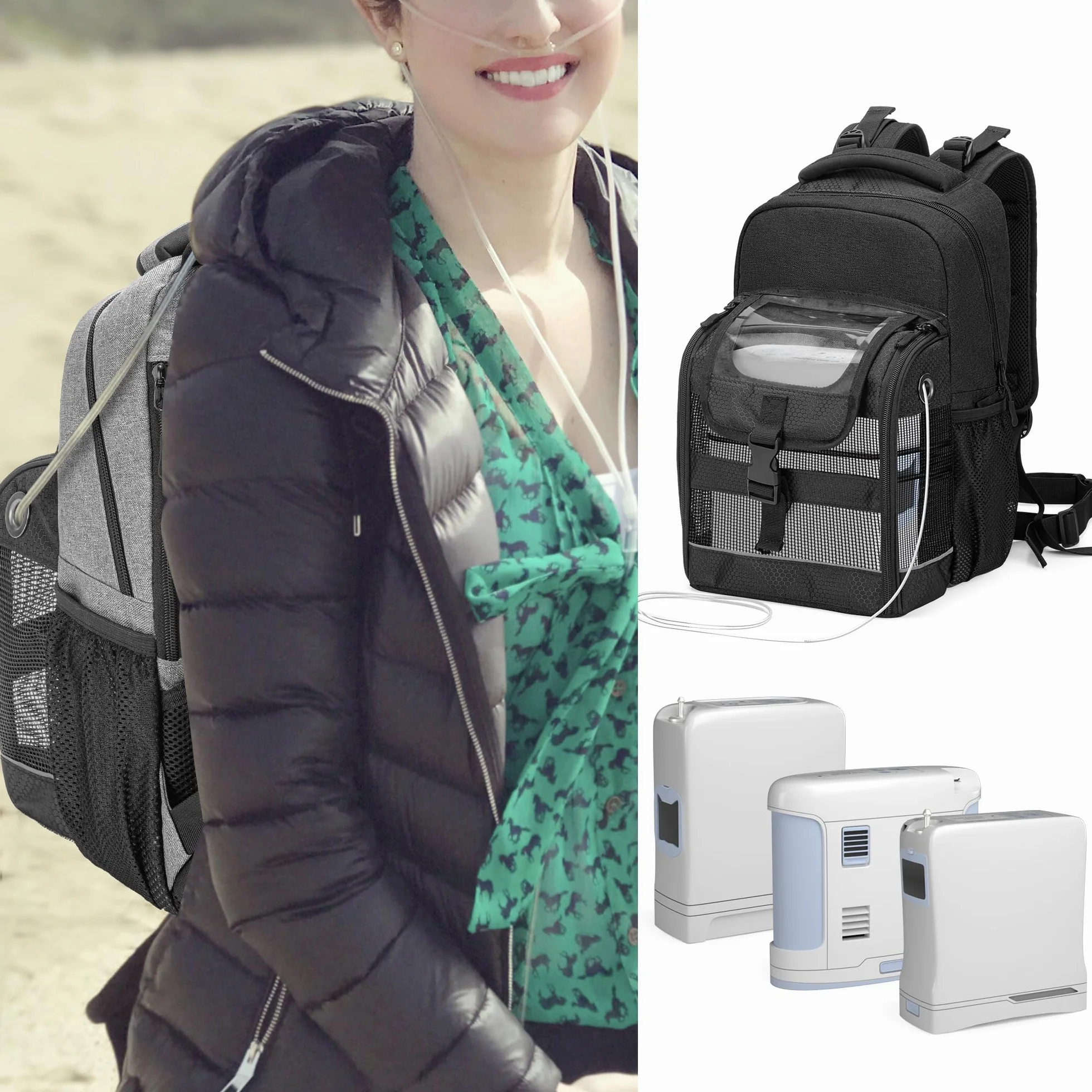 Trunab Plecak z przenośnym koncentratorem tlenu, torba transportowa POC z przezroczystą osłoną, wiele kieszeni kompatybilnych z Inogen One, Caire Freestyle Comfort, Oxygo, jak również SimplyGo Mini, opatentowana konstrukcja, Czarny