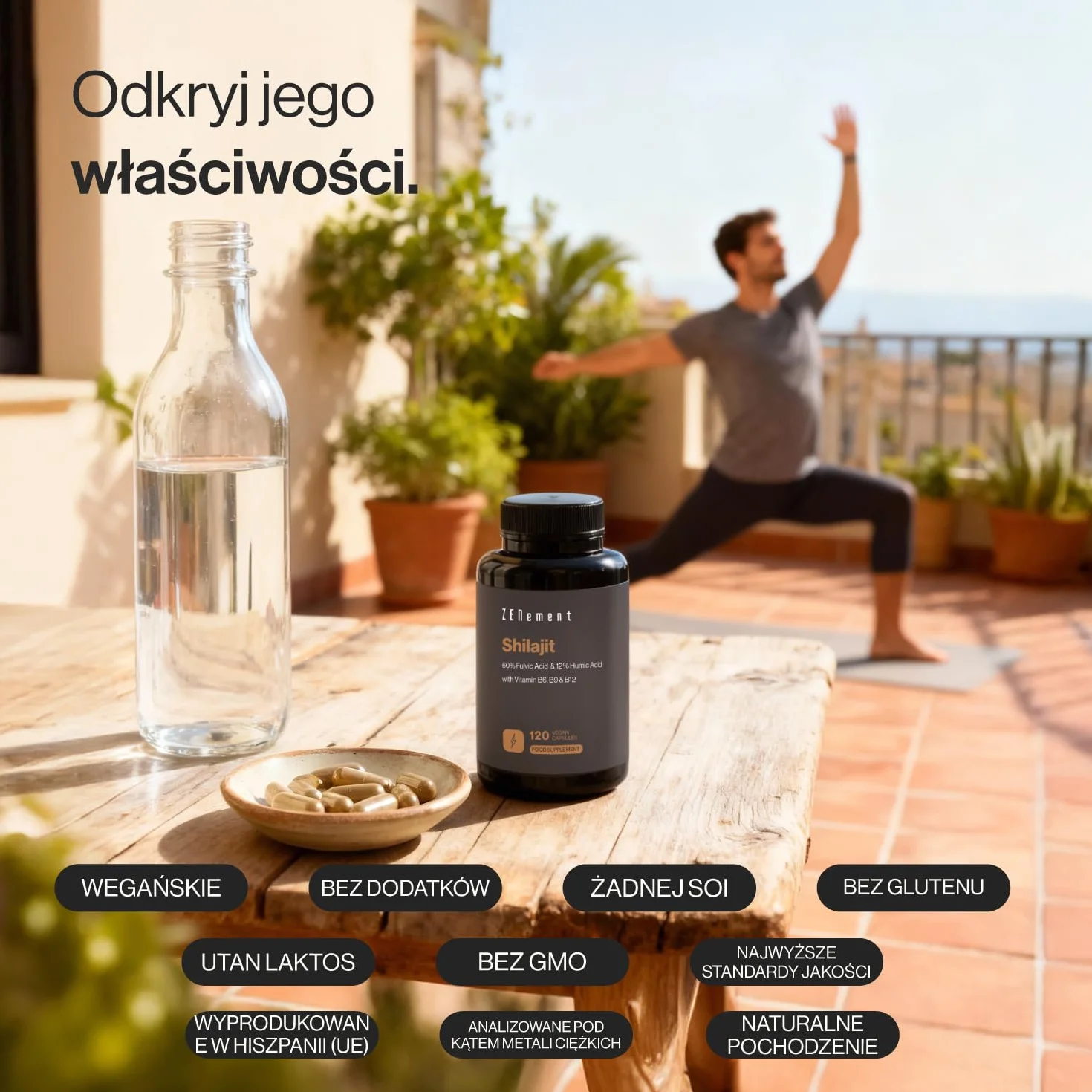 Czysty Shilajit z Himalajów 1300 mg (45000 mg Proszku) na Dawkę – 60% Kwas Fulwowy, 12% Humusowy – z Wit. B6, B9, B12 – 120 Kapsułek Wegańskich, 2 Miesiące – Zenement