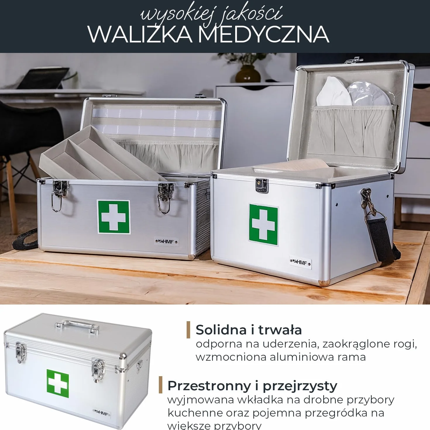 HMF 14701-09 apteczka pierwszej pomocy, pudełko medyczne, uchwyt do przenoszenia, pasek do noszenia, aluminium, 40 x 22,5 x 20,5 cm