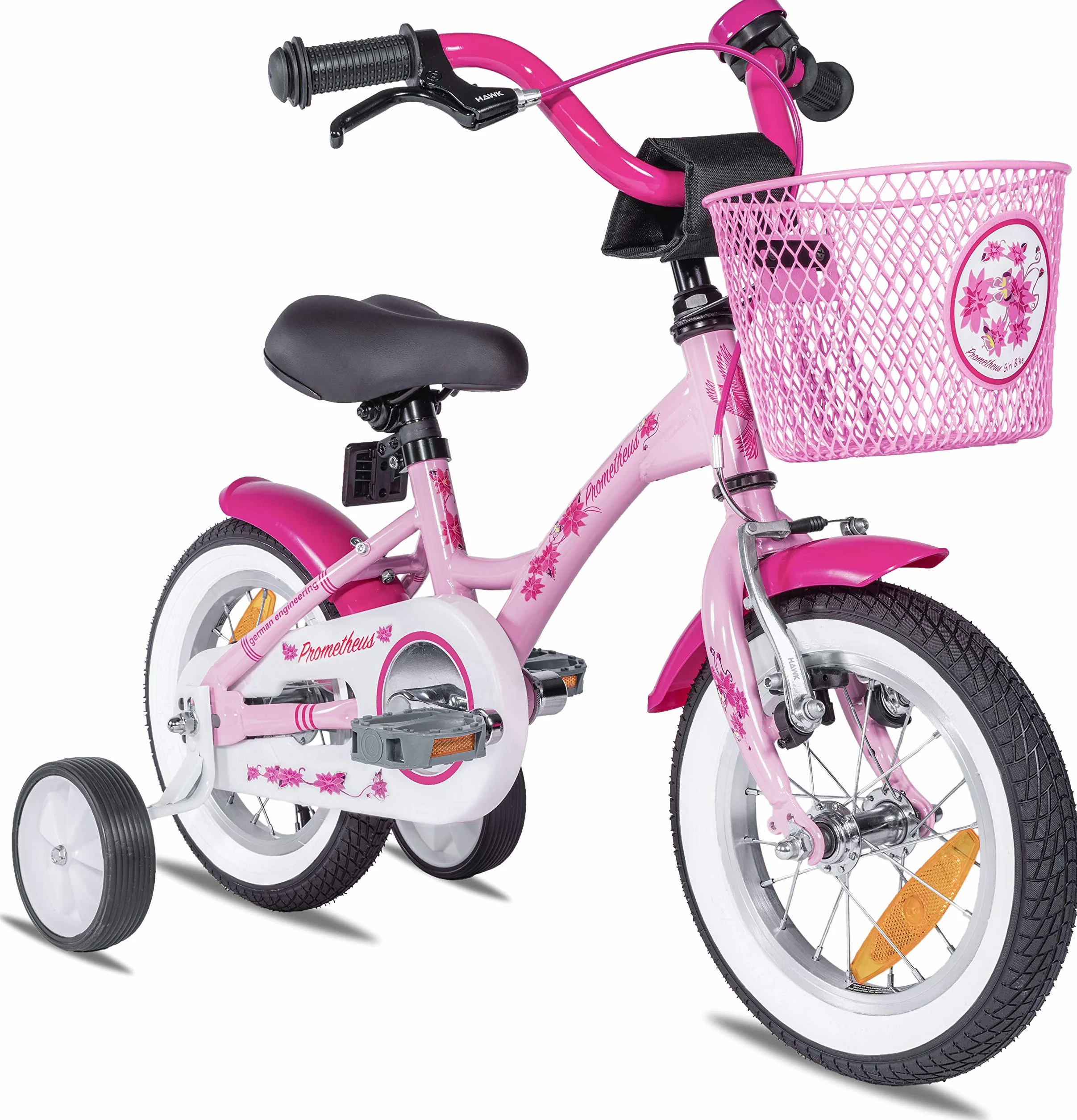 PROMETHEUS BICYCLES Rower dziecięcy od 3 lat – rower dziewczęcy 12 cali, rower dla dziewczynek, rower dla dzieci z kółkami podporowymi, hamulec nożny w kolorze różowym