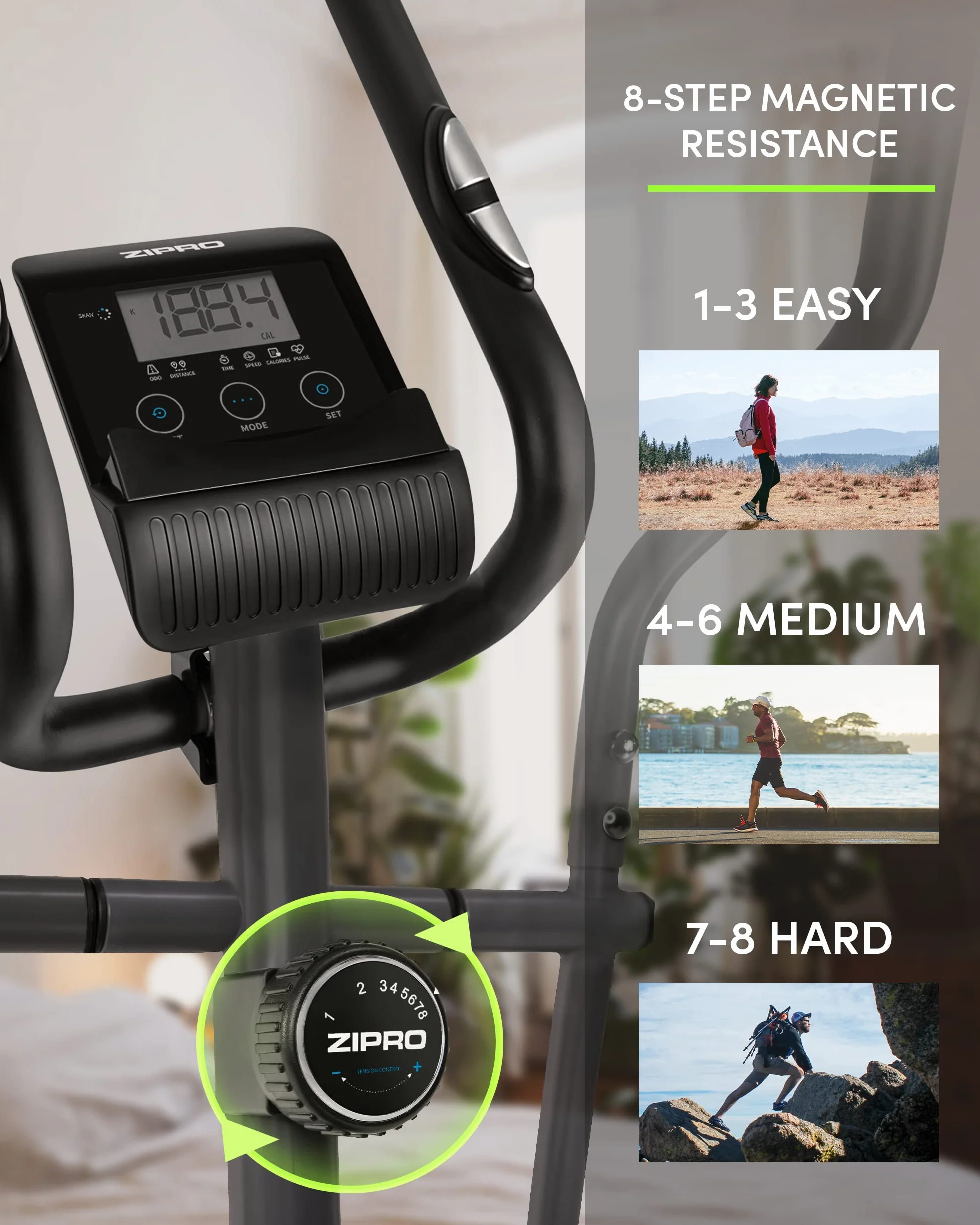ZIPRO Shox RS Orbitrek Magnetyczny - Domowy Rowerek Eliptyczny z Kółkami Transportowymi - 8 Poziomów Oporu - Wielofunkcyjny Komputer z Wyświetlaczem LCD i Sensorami Pulsu - Piankowe Uchwyty
