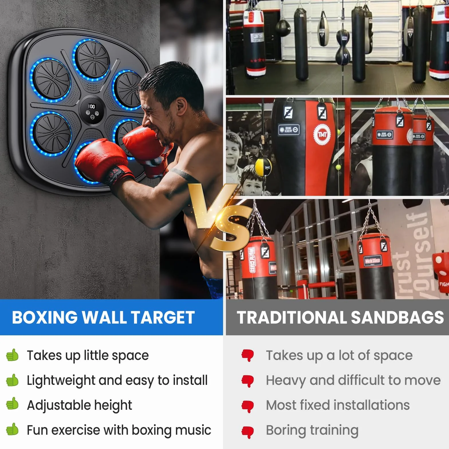 Music Boxing Machine, 2025 nowa inteligentna maszyna do boksu muzycznego z 9 prędkościami, 9 trybami treningowymi, Bluetooth, automatycznym licznikiem, ściennym celownikiem bokserskim LED dla