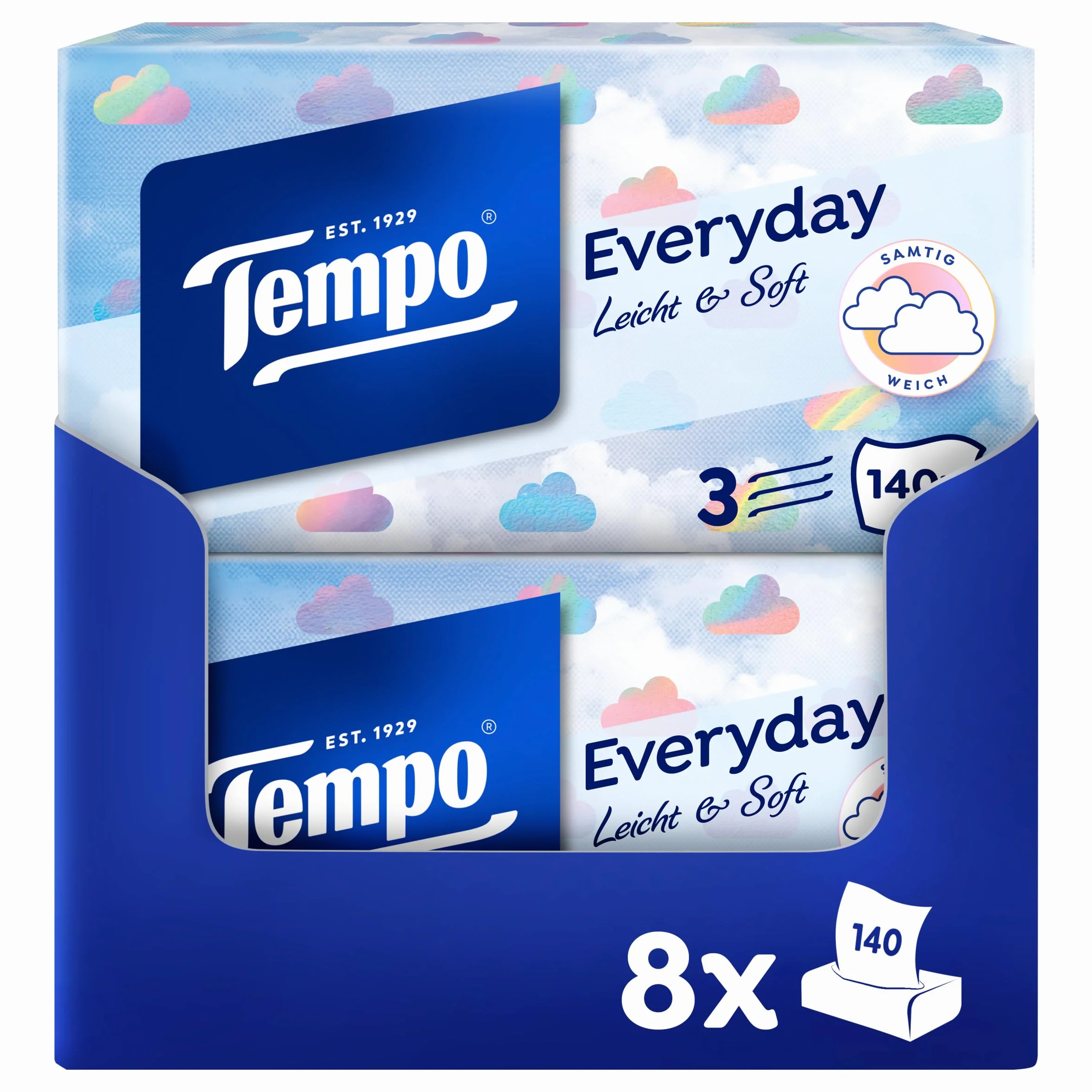 Tempo Chusteczki higieniczne XXL Light Box – 8 pudełek, 140 chusteczek w pudełku – miękkie chusteczki papierowe, nadają się do prania w pralce