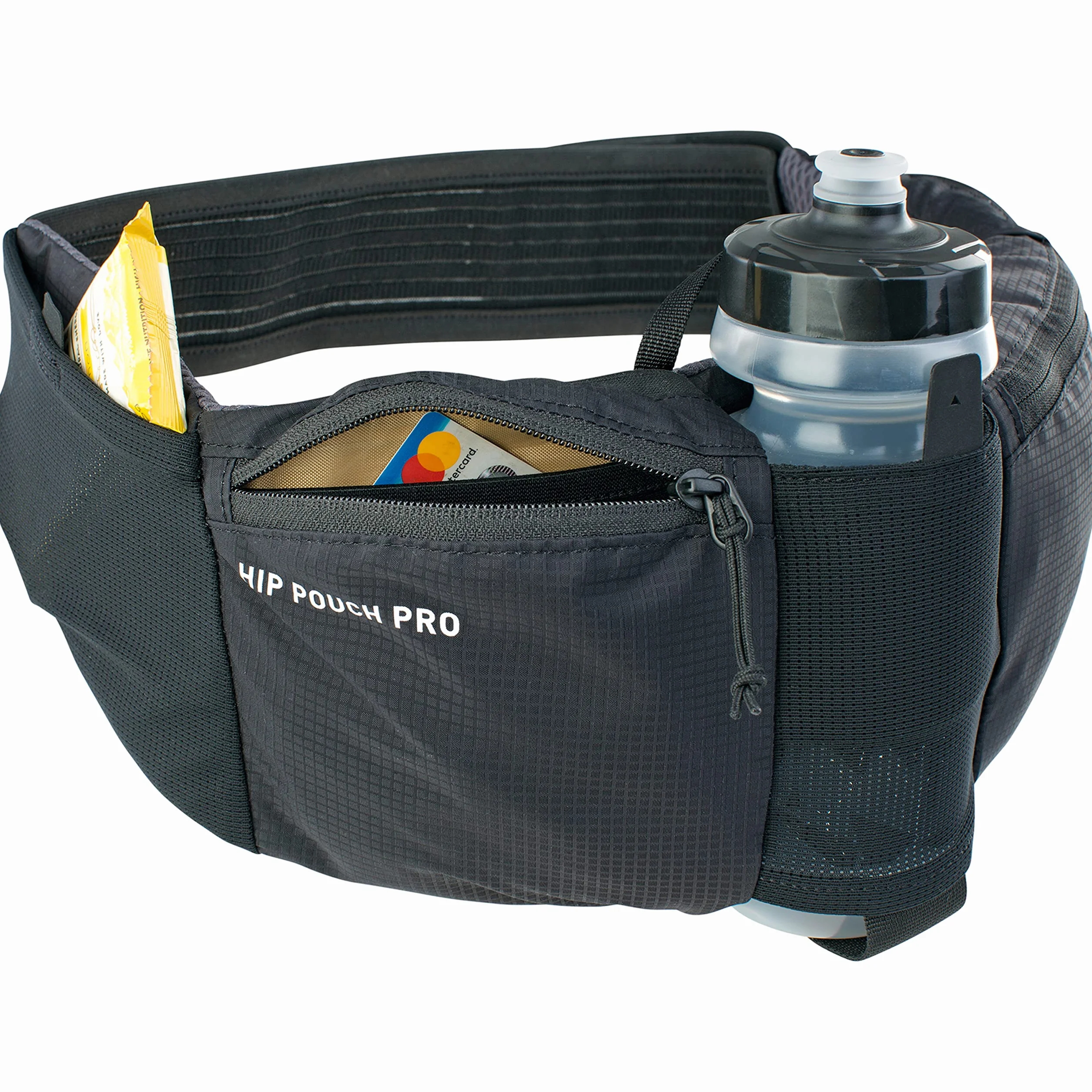 Torba biodrowa EVOC HIP POUCH PRO na wycieczki rowerowe (saszetka z regulowanymi paskami, w tym bidon 550 ml, 2 kieszenie na pasie biodrowym, idealna saszetka na narzędzia, pojemność: 1,5 l), czarny