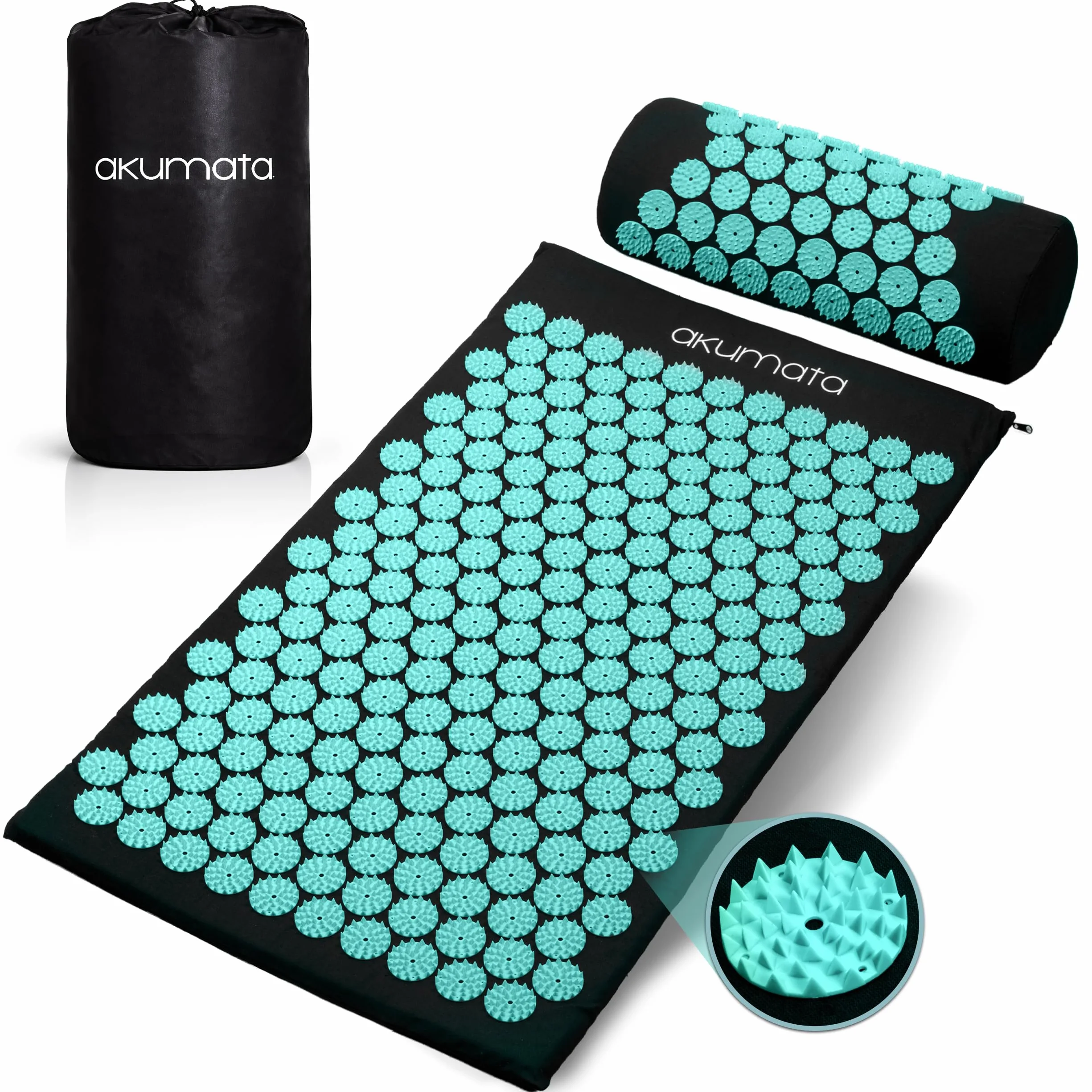 Acupressure Mat and Pillow Set | Regular Size Massage Mat for Lower Back Pain Relief and Neck Pain Relief | Deep Relaxation Acupuncture - Black & Mint**G
