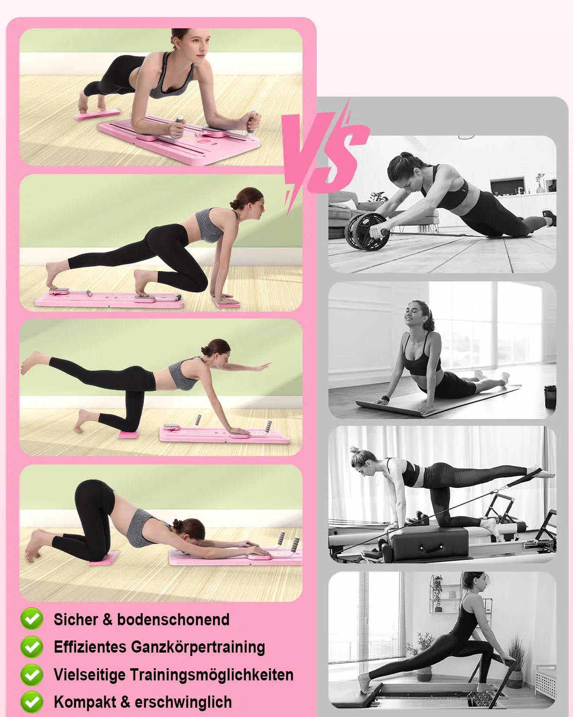 Pilates Board Reformer-Set 23 kg Rückprallkraft Faltbares Pilatesgerät Knieschutz Videoanleitung
