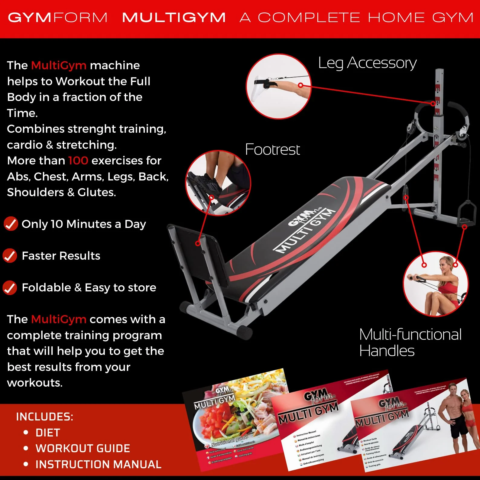 GYMFORM MultiGym - kompletne, składane urządzenie fitness, aby wzmocnić całe ciało, ponad 100 ćwiczeń, do domu, Total Gym