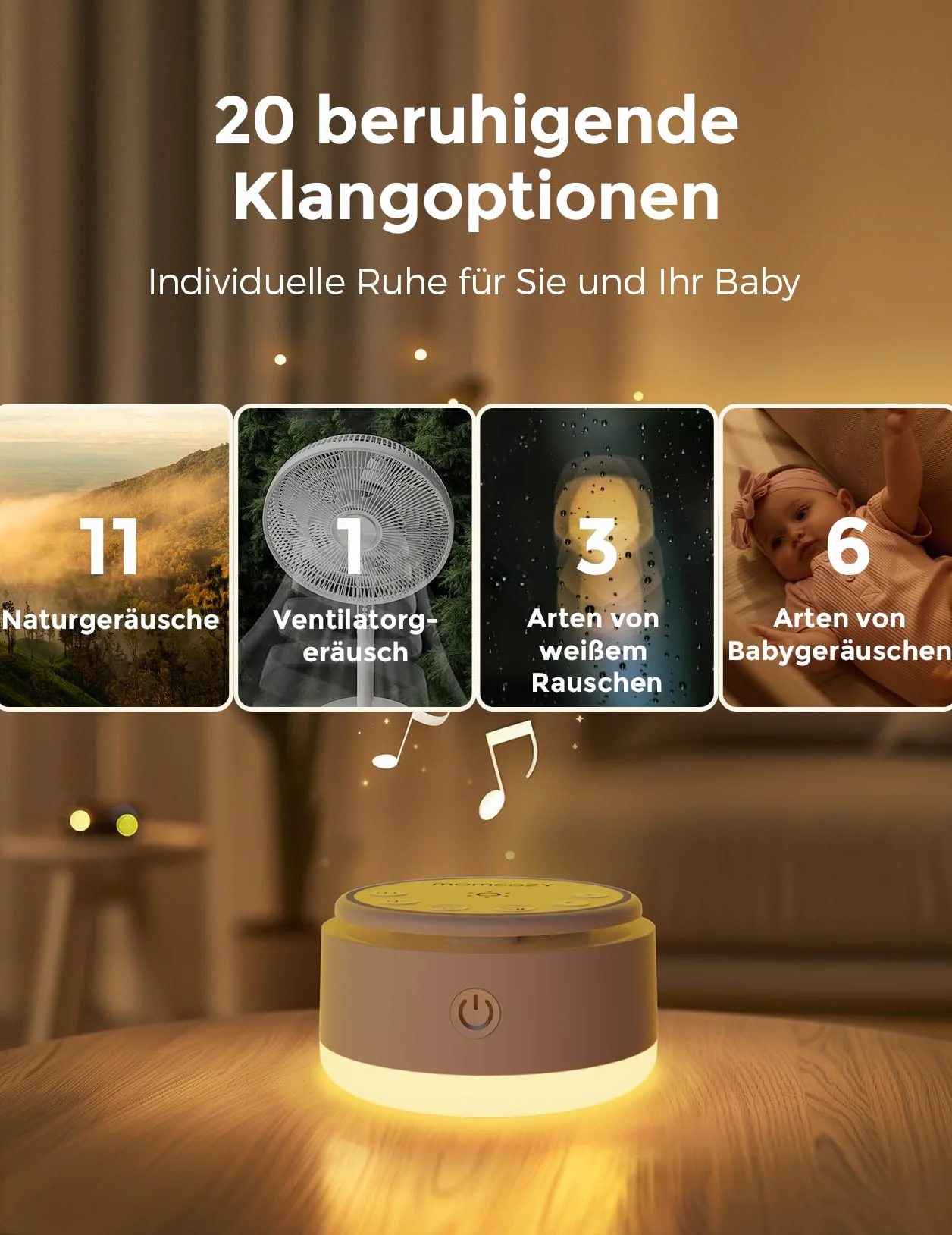 Momcozy Geräuschmaschine dla niemowląt – 20 Kojących Dźwięków i Dotykowe Światło, Przenośny Biały Hałas dla Dzieci i Dorosłych, Timer Do Zasypiania i Przypomnienie | Idealny Towarzysz Podróży (Żółty)