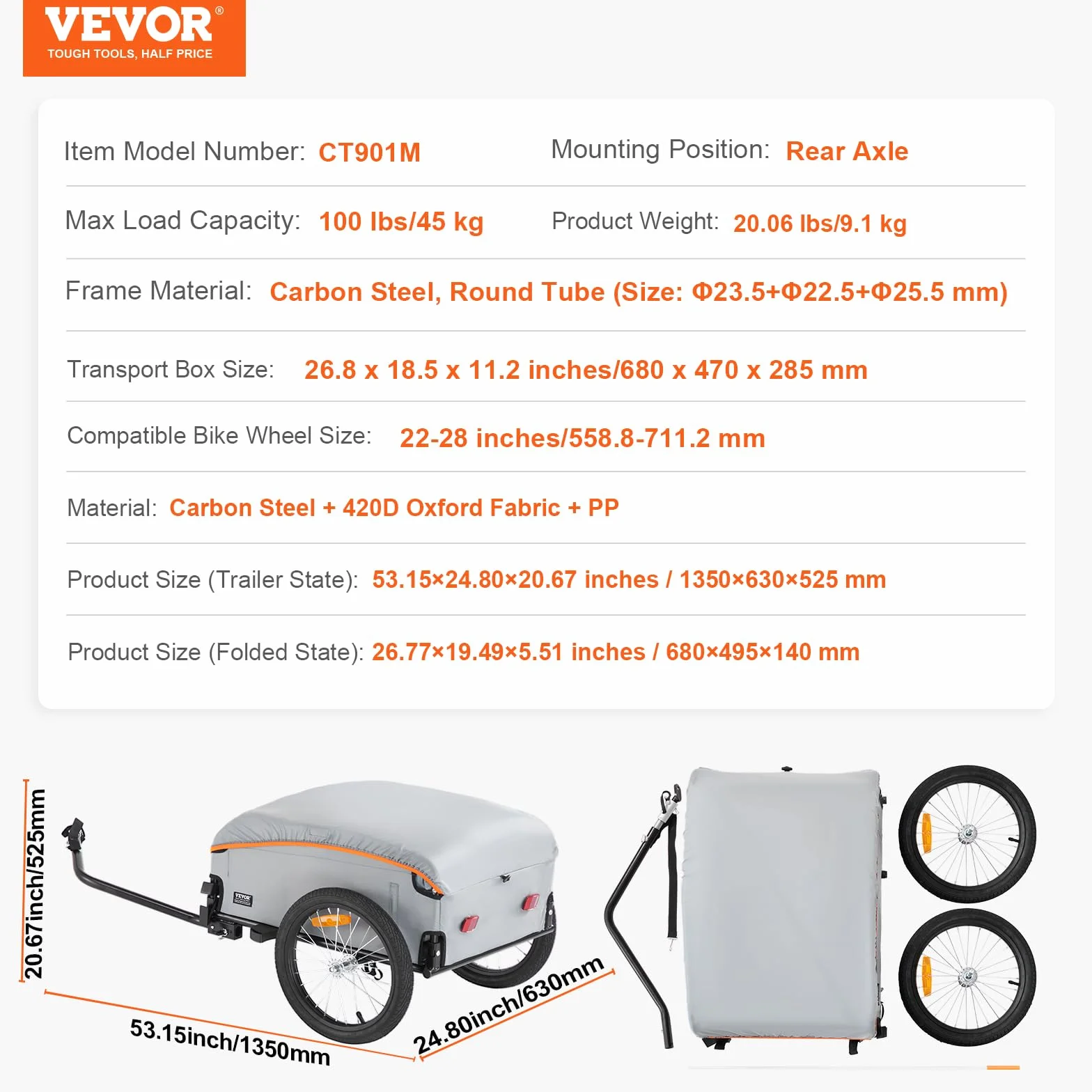 VEVOR Przyczepa rowerowa składana nośność 88/100/72.6 kg uniwersalny zaczep