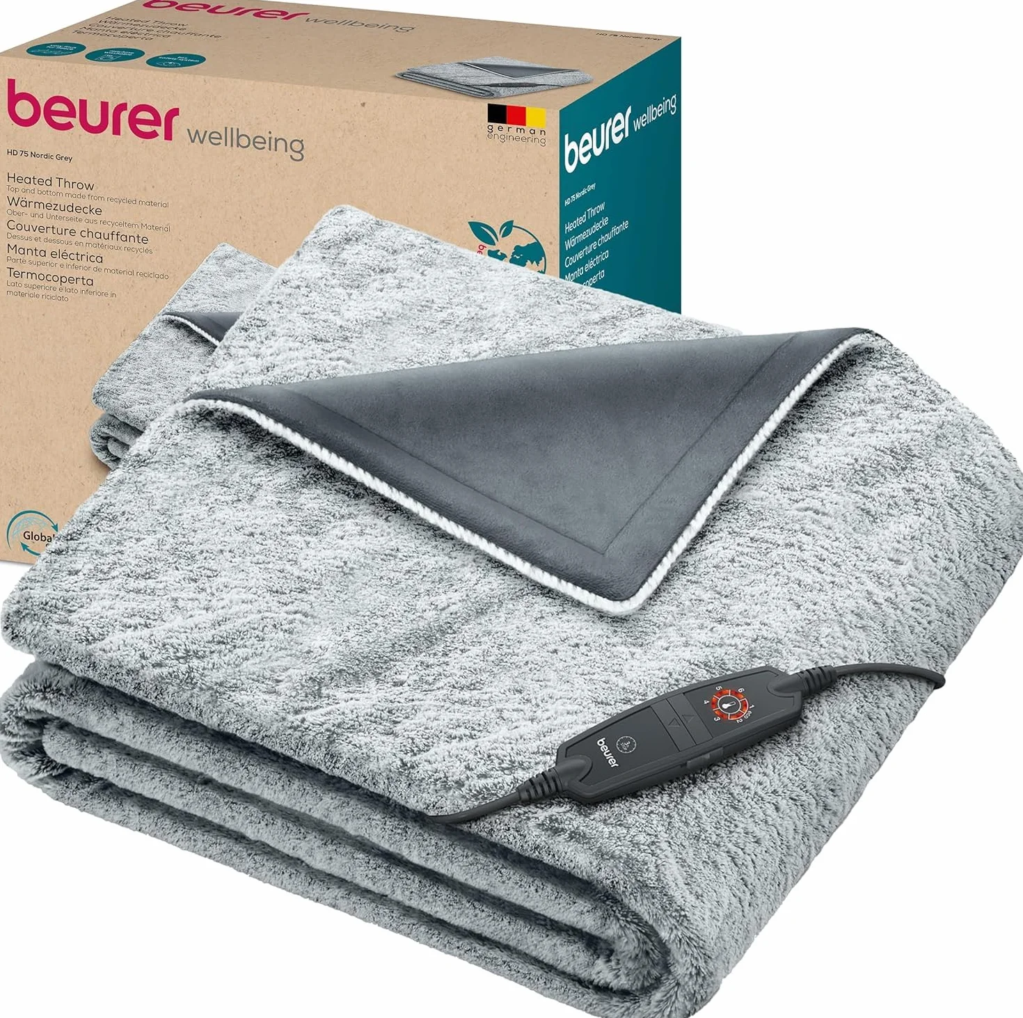 Beurer HD 75 Nordic Grey koc rozgrzewający, wykonany z materiału pochodzącego z recyklingu, 6 ustawień temperatury, można prać w pralce, z automatycznym wyłączaniem, 180 x 130 cm