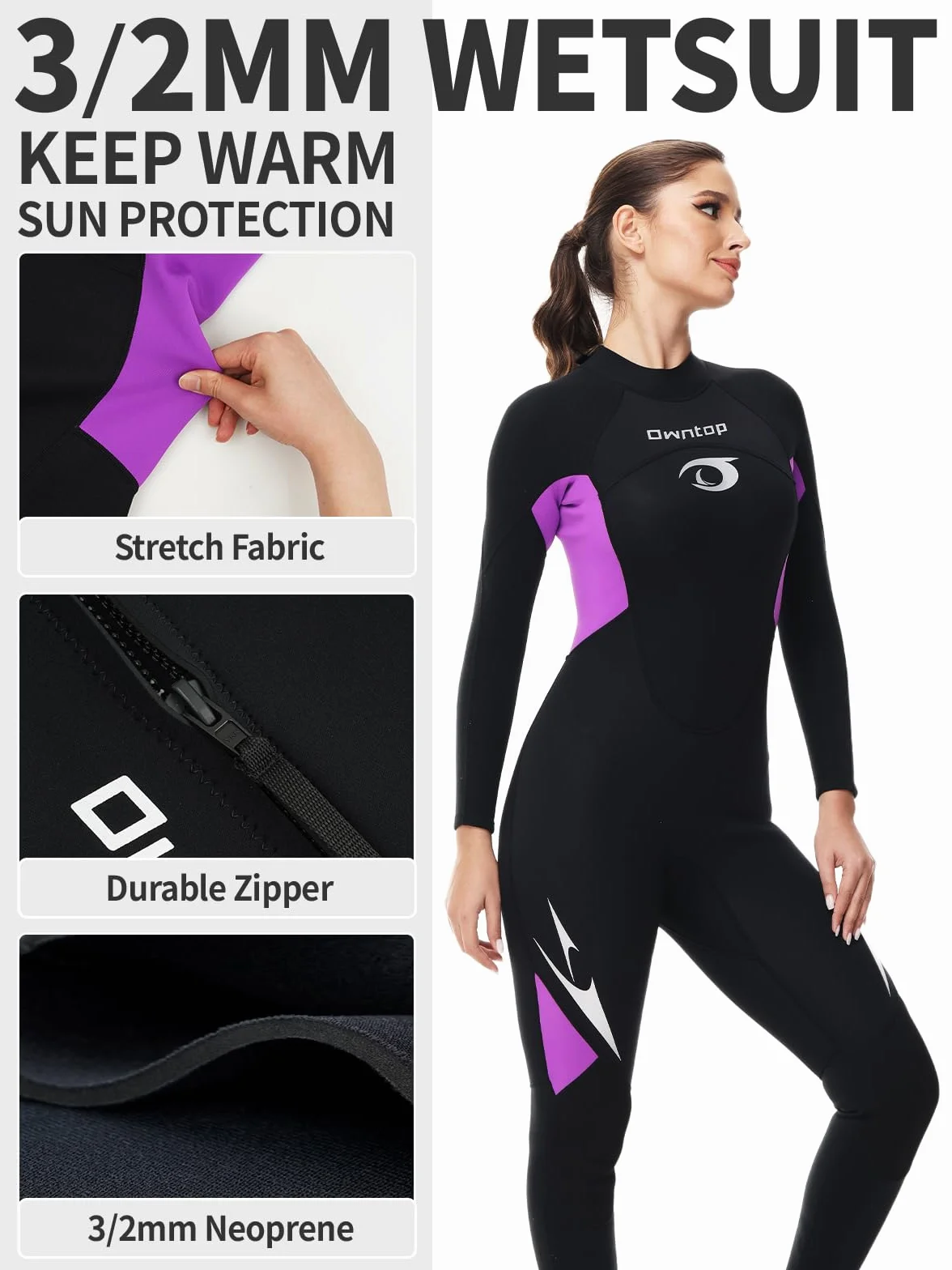 Owntop Damski Kombinezon Neoprenowy 3/2mm Długi Rękaw Fioletowy M