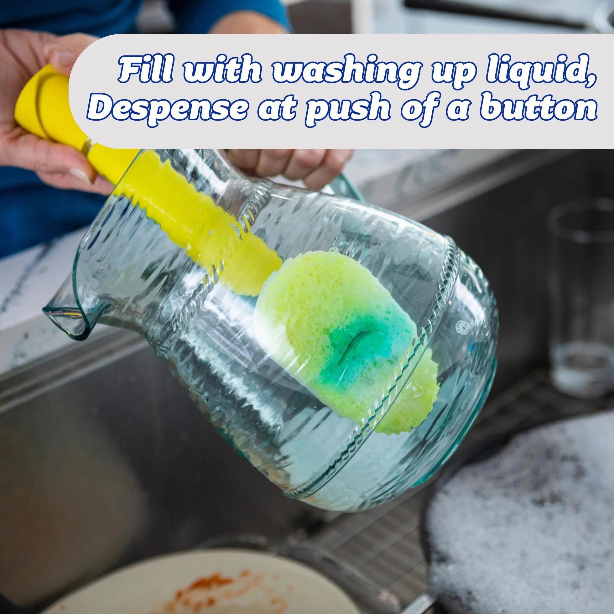 Scrub Daddy Dish Daddy Różdżka do naczyń i głowice uzupełniające, szczotka do dozowania mydła, gąbka do mycia zmieniająca teksturę z uchwytem płynu, gąbka do naczyń z wbudowanym skrobakiem i głowicą