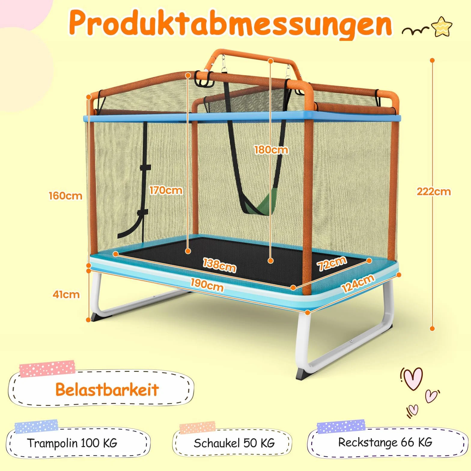 Costway Trampolina dziecięca 3w1 prostokątna z huśtawką i drążkiem do ćwiczeń