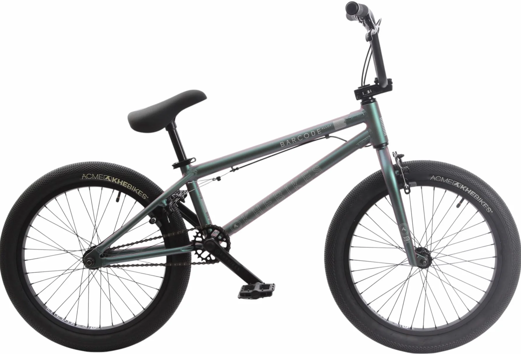 KHEbikes KHE Barcode LL rower BMX 20", 10,4 kg, aluminiowa rama, Affix Rotor, triki 360°, obręcze dwukomorowe, zielone klapki Flip Flop, 2025