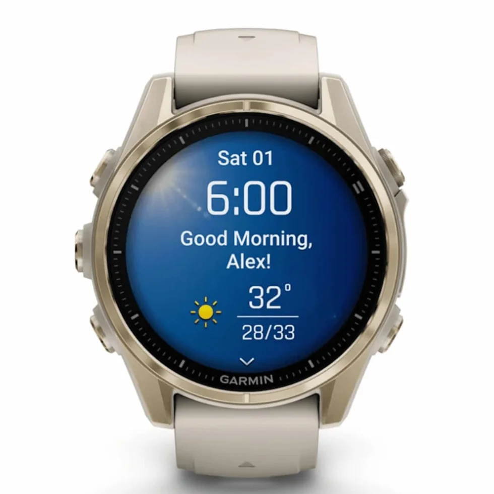GARMIN FENIX 8-43 mm, AMOLED, SZAFIRA MIĘKKIE ZŁOTO Z SZARYM ŚMIGĄGŁYM/CIEMNYM PASEM SILIKONOWYM