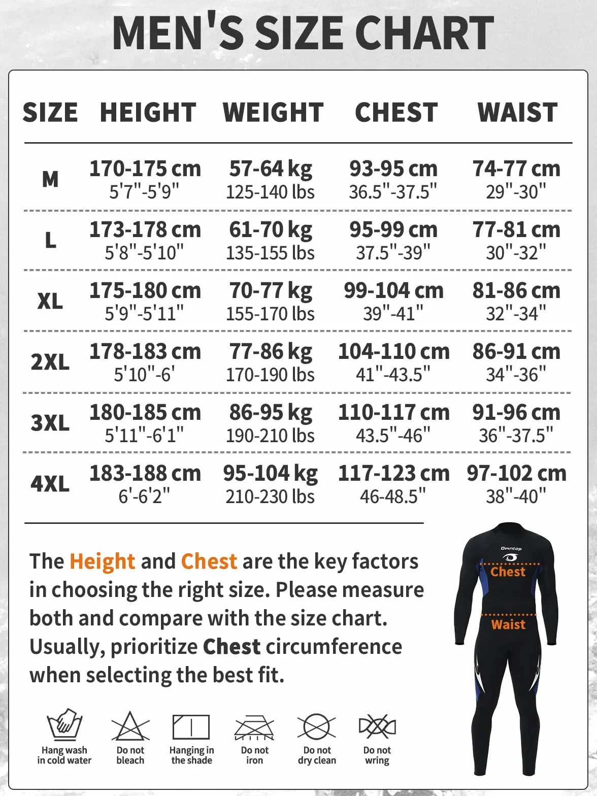 Owntop Męski Pełna Długość Piankowego Kombinezonu 3/2mm, Ultra Elastyczny Zimowy Kombinezon Z Długim Rękawem, Kombinezon do Surfingu i Nurkowania z Neoprenu dla Dorosłych