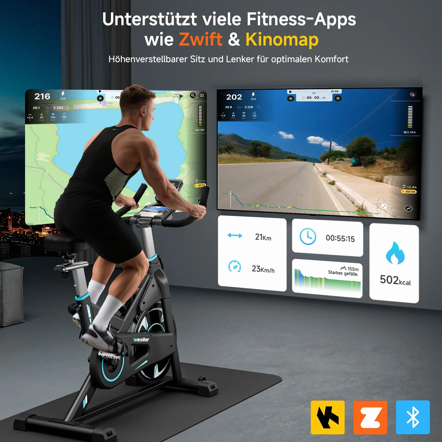 Wenoker rower treningowy magnetyczny stacjonarny z aplikacją, ciche koło zamachowe, monitor LCD, do 160 kg