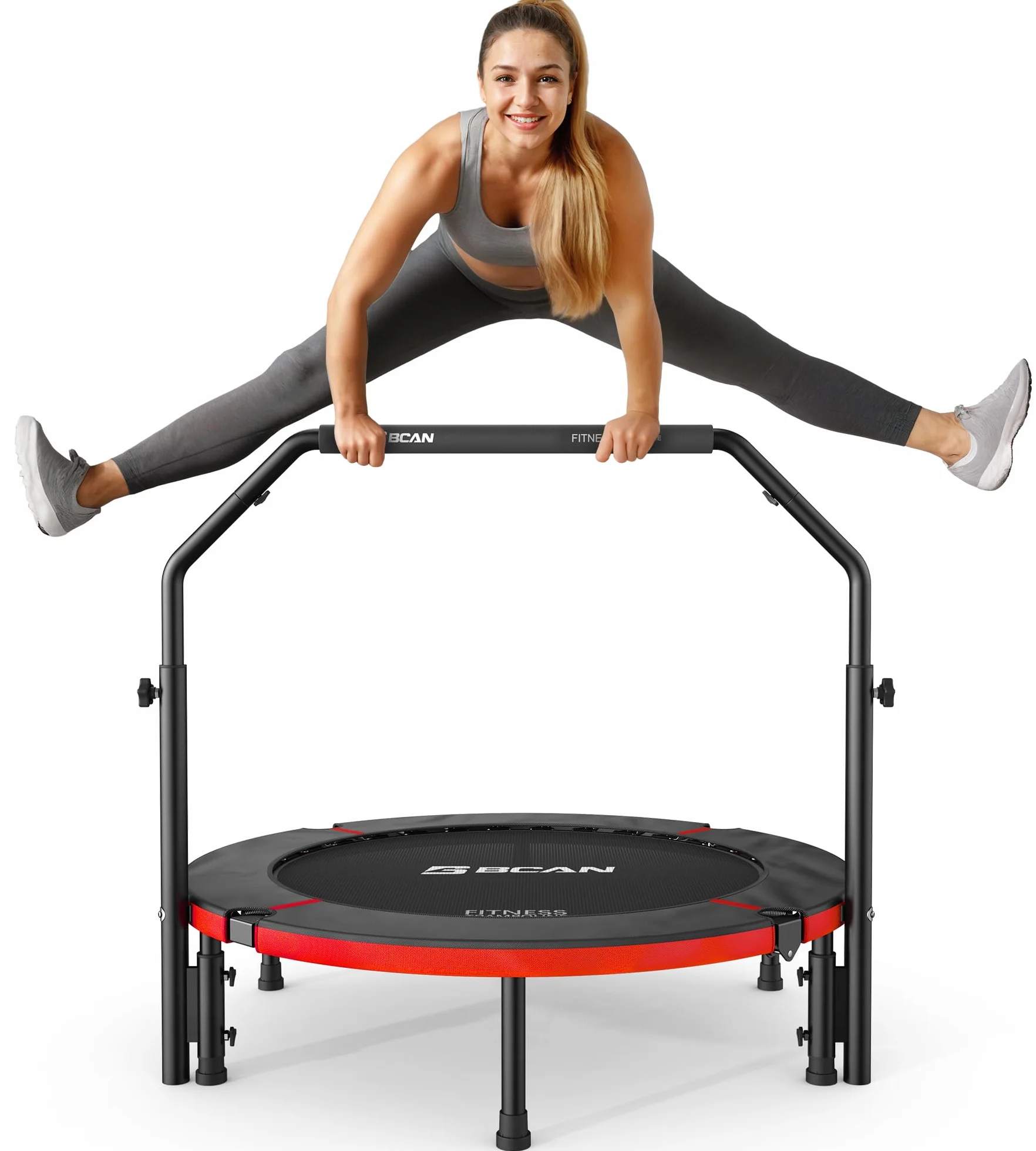 BCAN Trampolina do wnętrz, 102 cm Trampolina do skakania Fitness, składana, nośność 150 kg, wzmocniona sprężyna, regulowany uchwyt z wyściółką piankową, odpowiednia dla dorosłych i dzieci