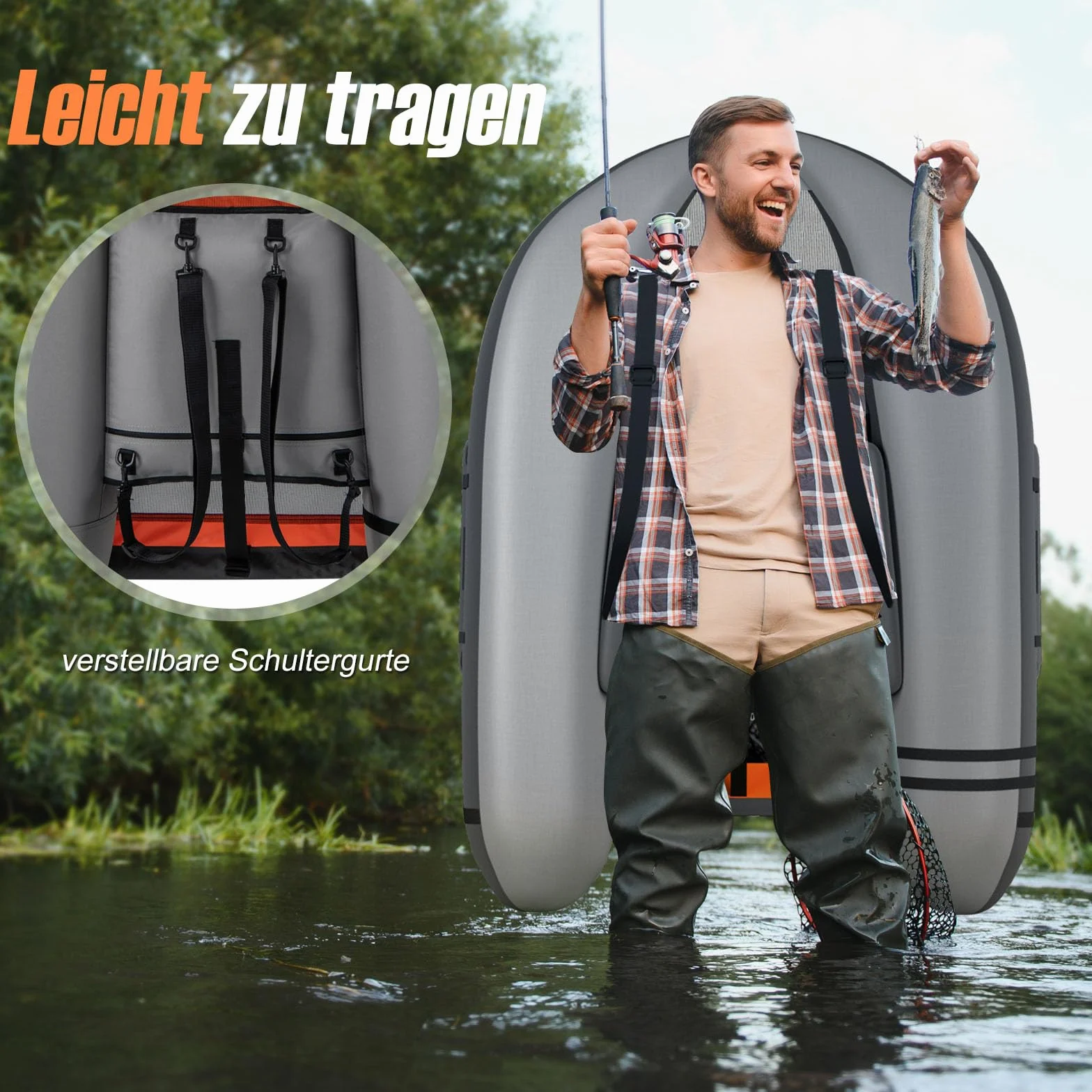 GOPLUS Bellyboot, Belly Boat do 150 kg, nadmuchiwany ponton do wędkowania, z aluminiowym wiosłem, pompką, płetwami, linijką do ryb, uchwytem na wędkę i 2 szelkami, 135 x 109 x 54 cm (ciemnoszary)