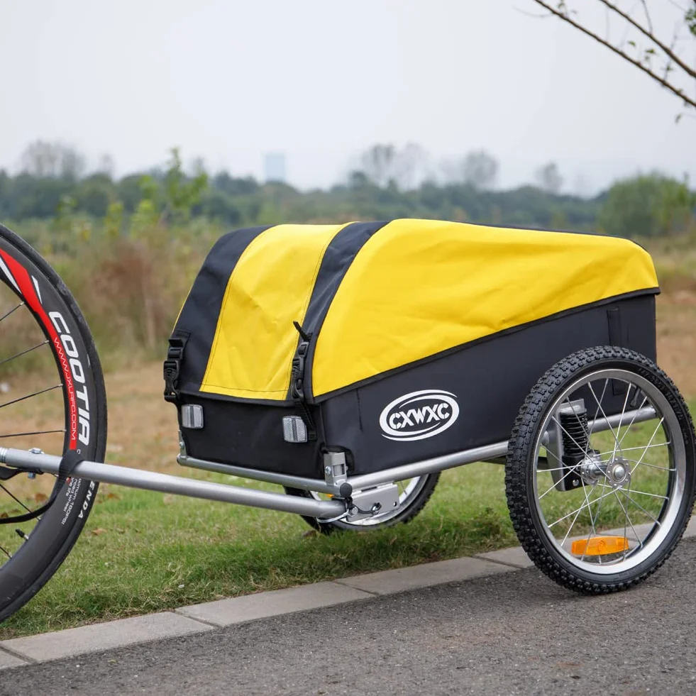 CXWXC Przyczepa rowerowa z amortyzatorem – duża przestrzeń ładunkowa do 120 l, nośność 40 kg, składana przyczepka z plandeką i flagą bezpieczeństwa – idealna do codziennego transportu