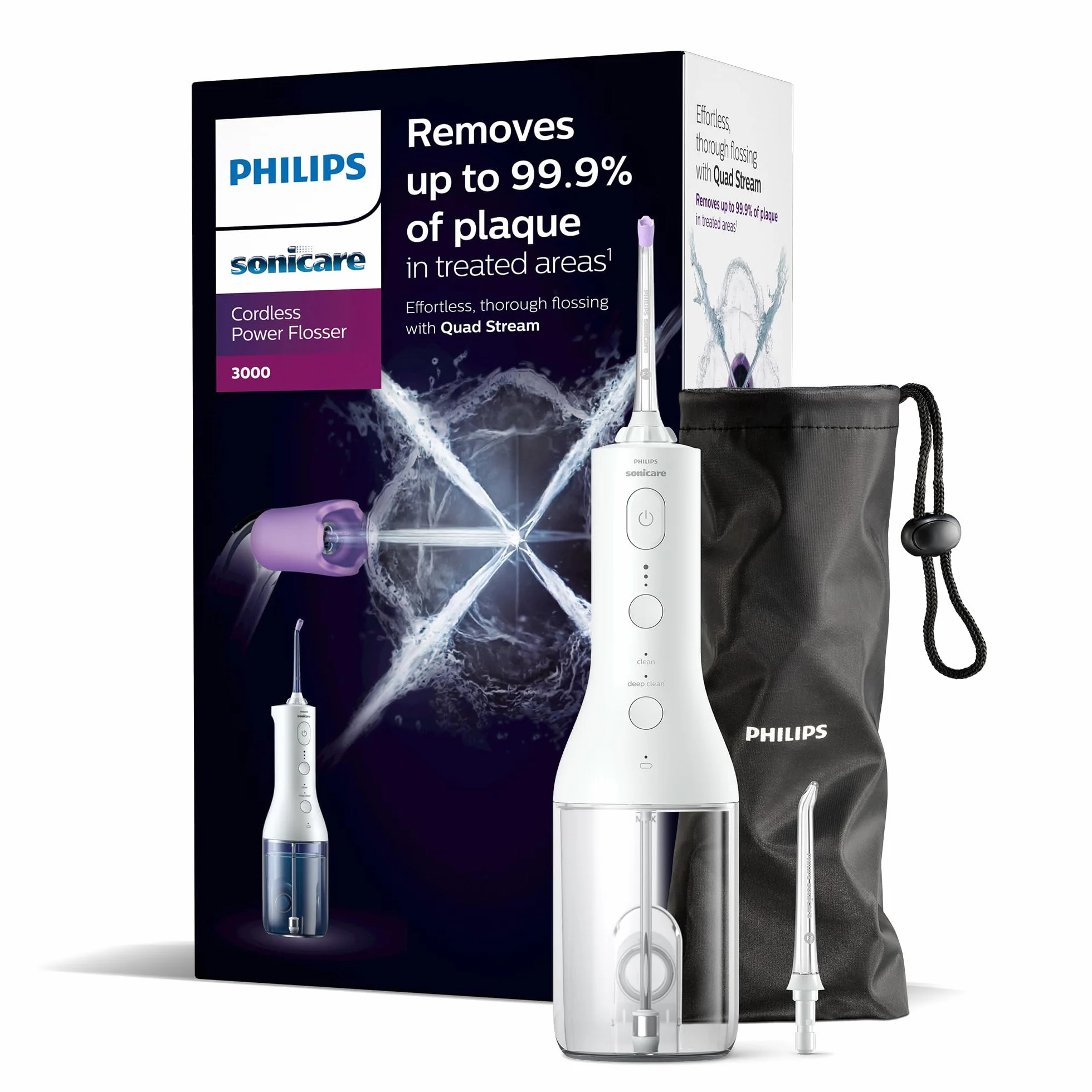 Philips Sonicare Power Flosser 3000 Bezprzewodowy irygator do jamy ustnej, irygator do zębów, dziąseł i higieny jamy ustnej, białym (model HX3826/31)