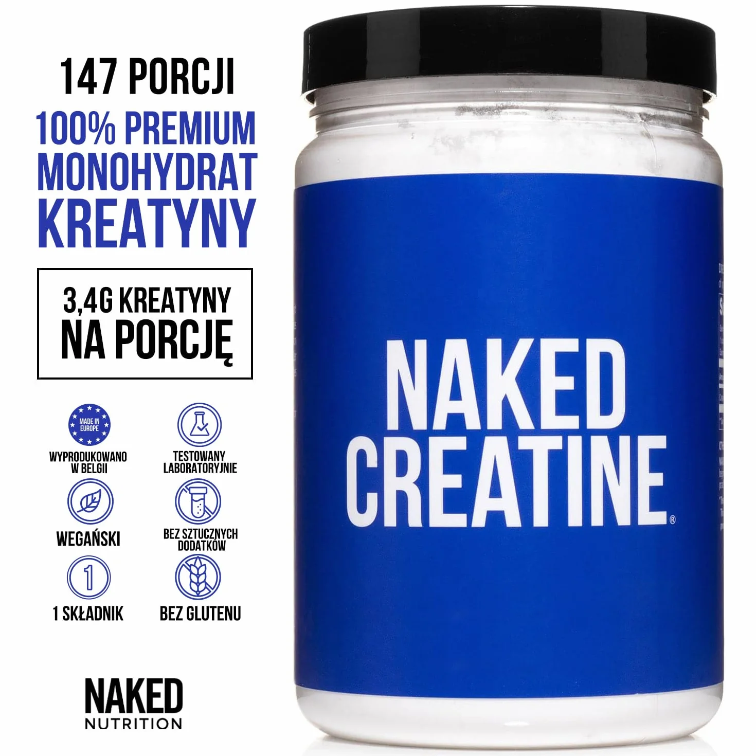 NAKED Czysty mikronizowany monohydrat kreatyny w proszku – bezsmakowy, 500 g – wegański, bez GMO, glutenu, soi i dodatków – wspomaga wzrost i siłę mięśni – 147 porcji