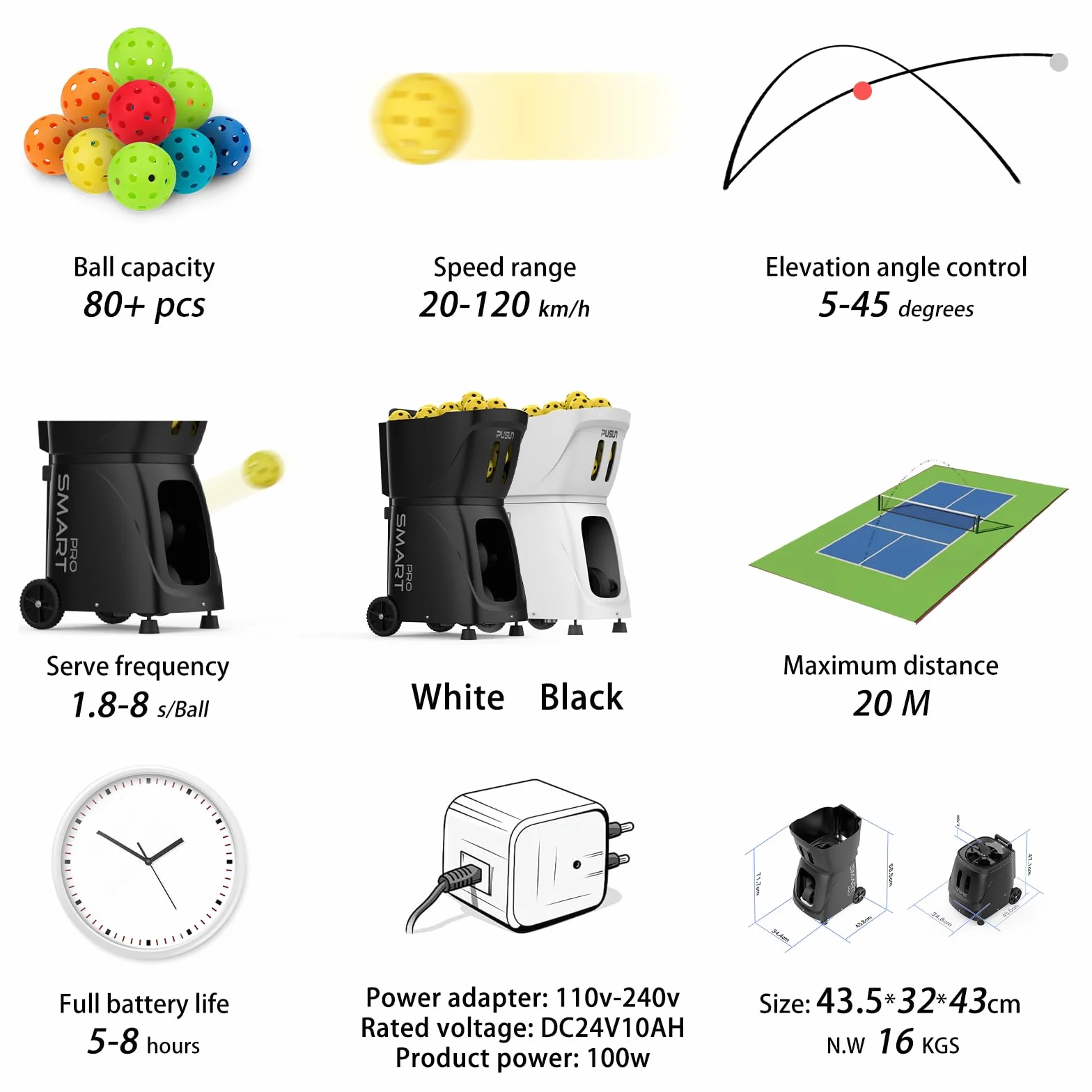 PP-Smart Pro maszyna do piklowania 80 piłek 75 MPH 45° pilot zdalnego sterowania przenośna wyrzutnia piłek na baterie 6HR