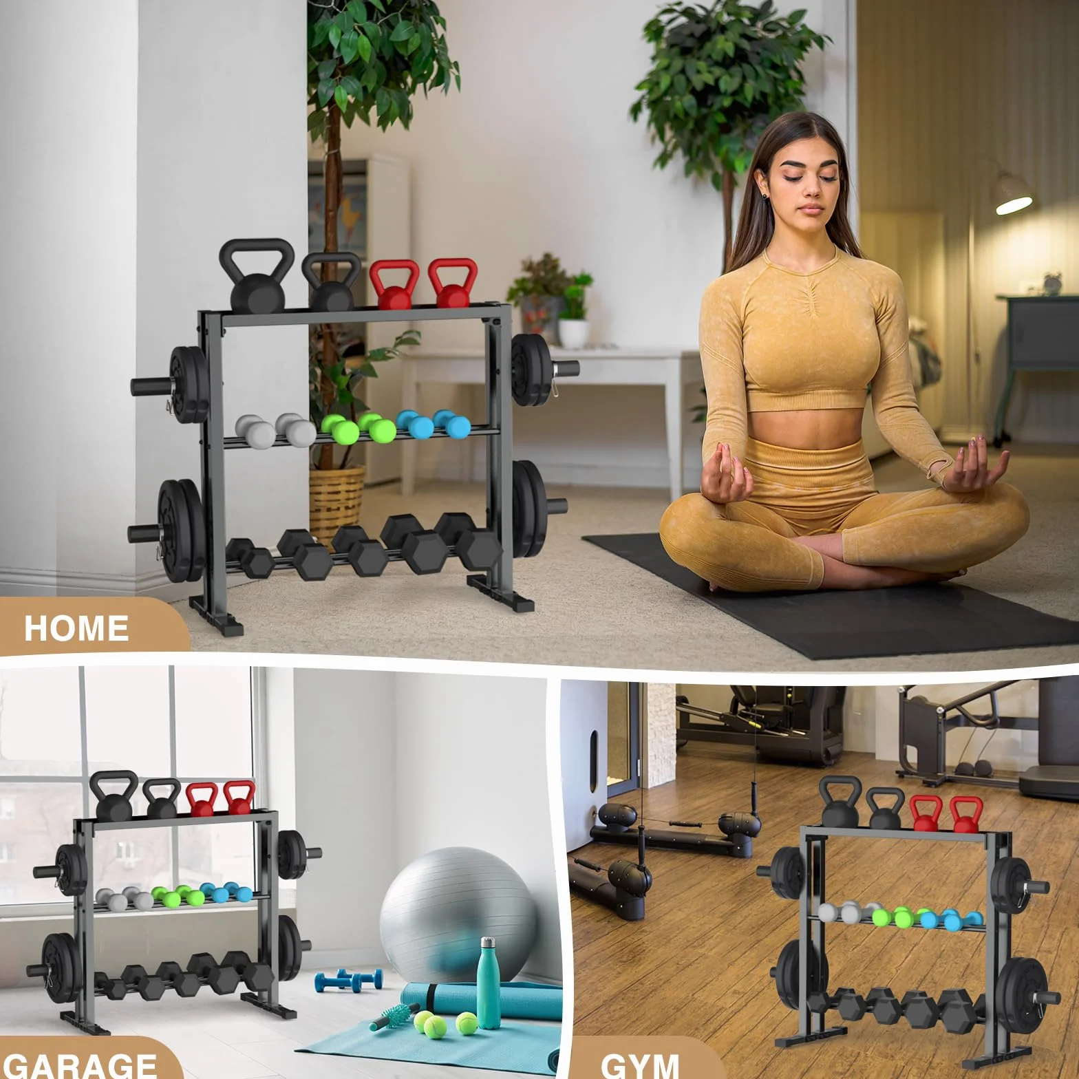 WINNOW Stojak na hantle, 3-poziomowy stojak do przechowywania hantli, talerzy obciążeniowych i kettlebells