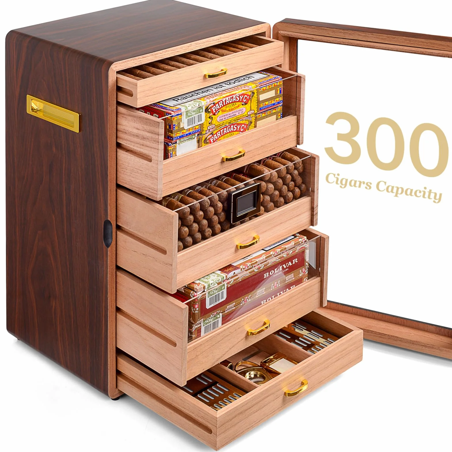 Humidor na cygara Marvero ręcznie robiona skrzynka na cygara, humidor na cygara, skrzynka z cedrowego drewna na 300 cygar z dokładnym higrometrem, nawilżacz do humidoru. Prezenty dla miłośników cygar.