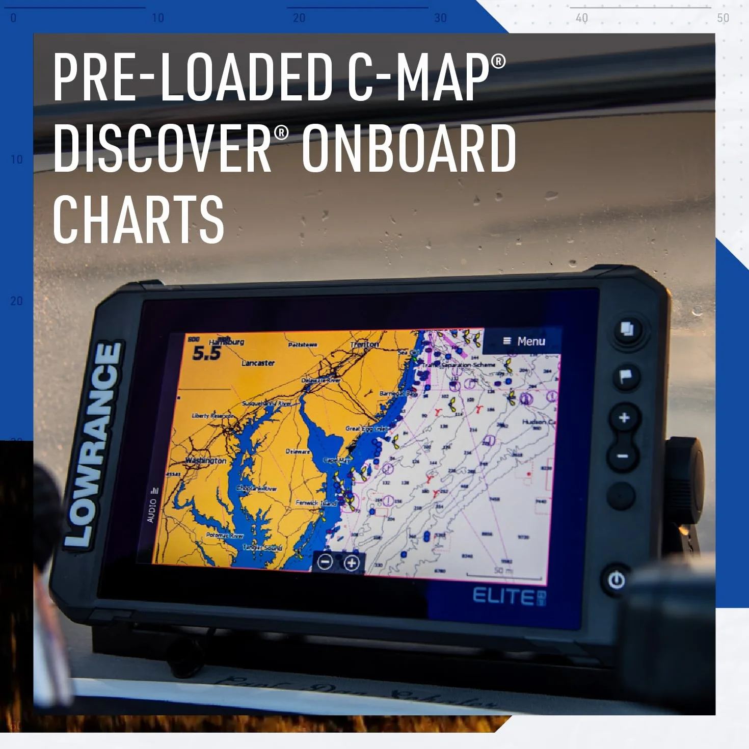Lowrance Elite FS Series wykrywacze ryb z wstępnie załadowanymi wykresami C-MAP Contour+, kompatybilne z aktywnym celem
