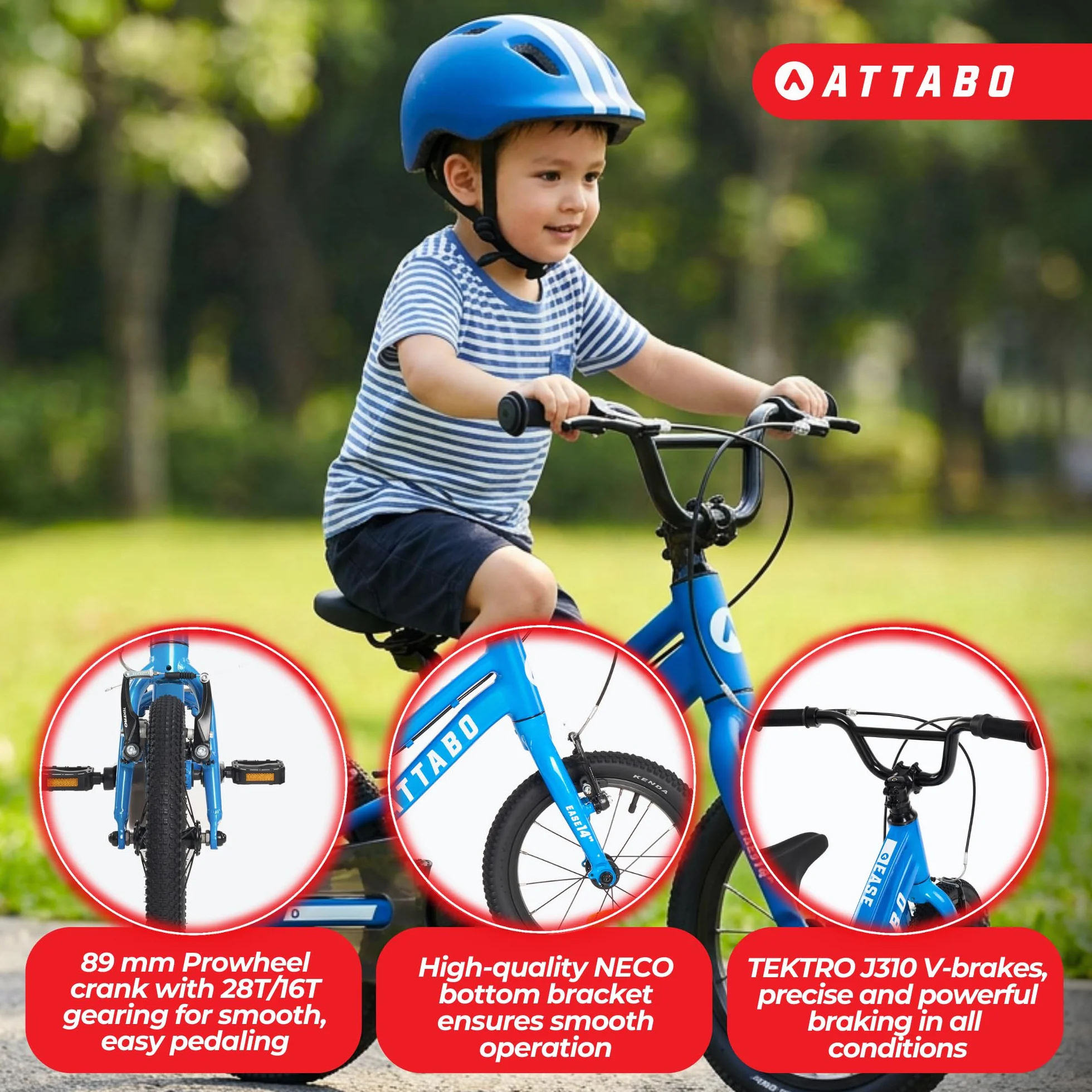 ATTABO Ease 14 – rower dziecięcy (2-5 lat) z lekką ramą aluminiową, koła 14", odpowiedni do wzrostu 85-110 cm, obciążenie tylko 7 kg, obciążenie do 50 kg, ergonomiczny i stabilny