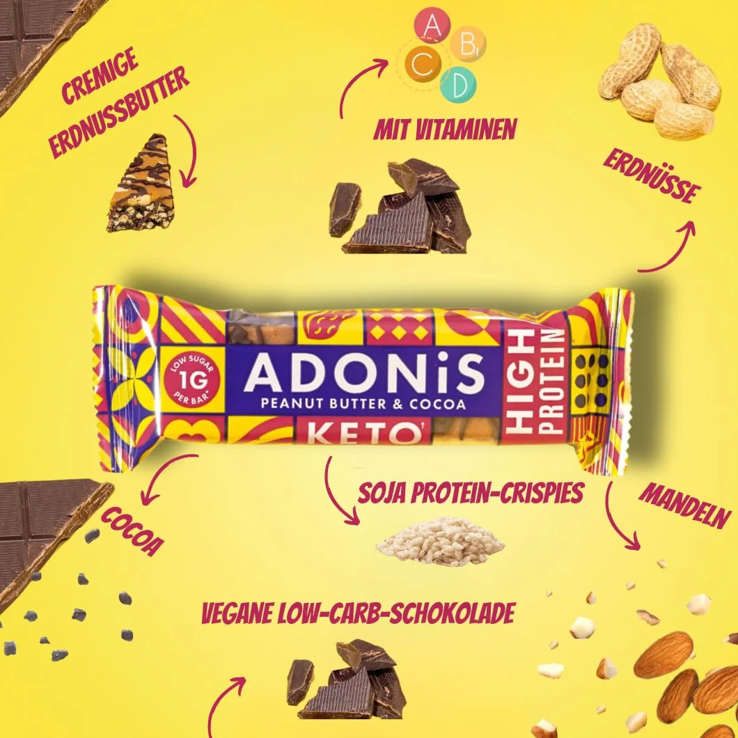 Adonis Keto Protein Bars | Peanut Butter & Chocolate Snack Bars | 100% Natural Nut Snacks, Low Carb, High in Protein, Vegan, Gluten Free, Low Sugar, Paleo (Box mit 16)
