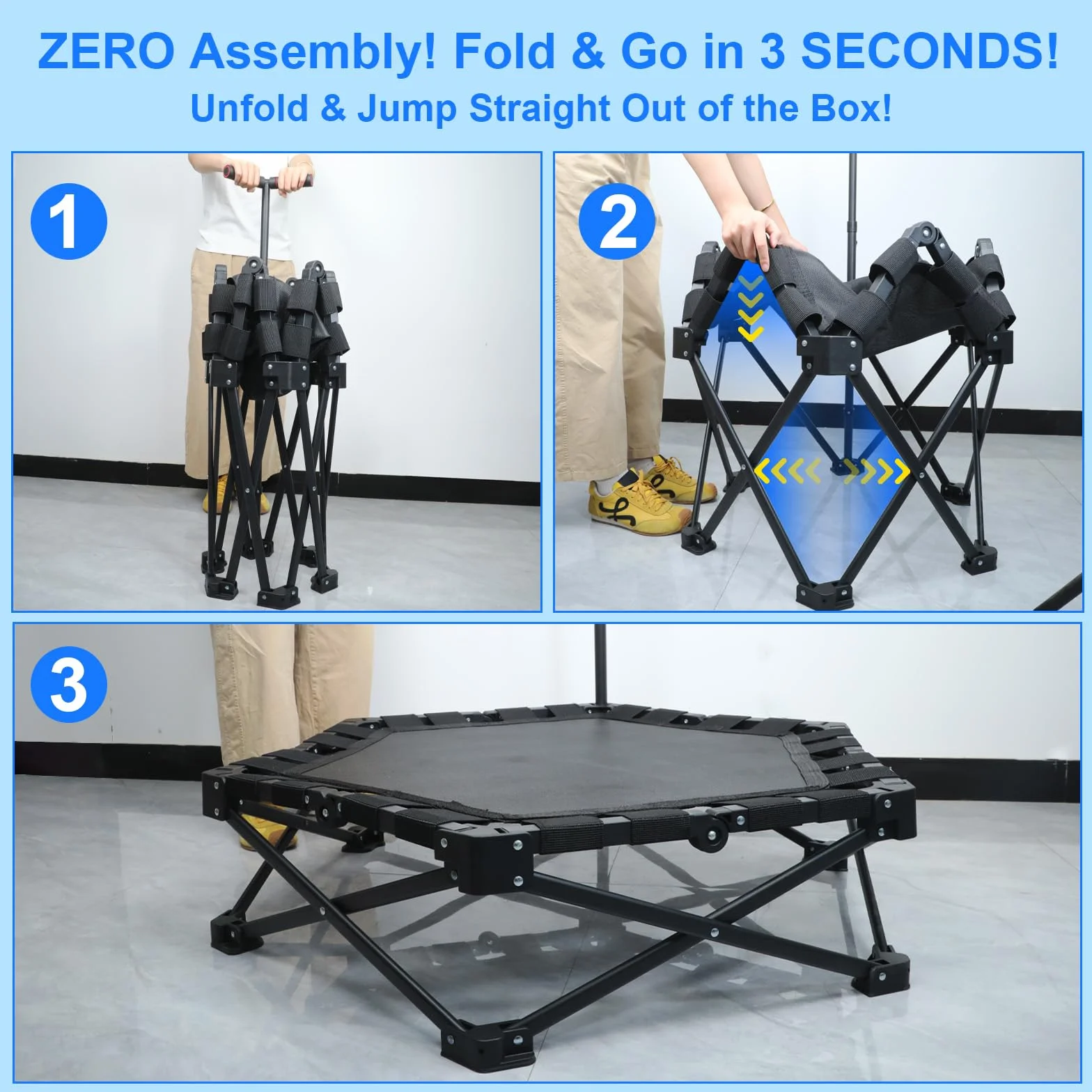 Trampolina fitness, składana mini trampolina, do użytku wewnątrz pomieszczeń, 106 cm, z 3-stopniową regulacją wysokości, bardzo stabilna rama X, nośność 275 kg