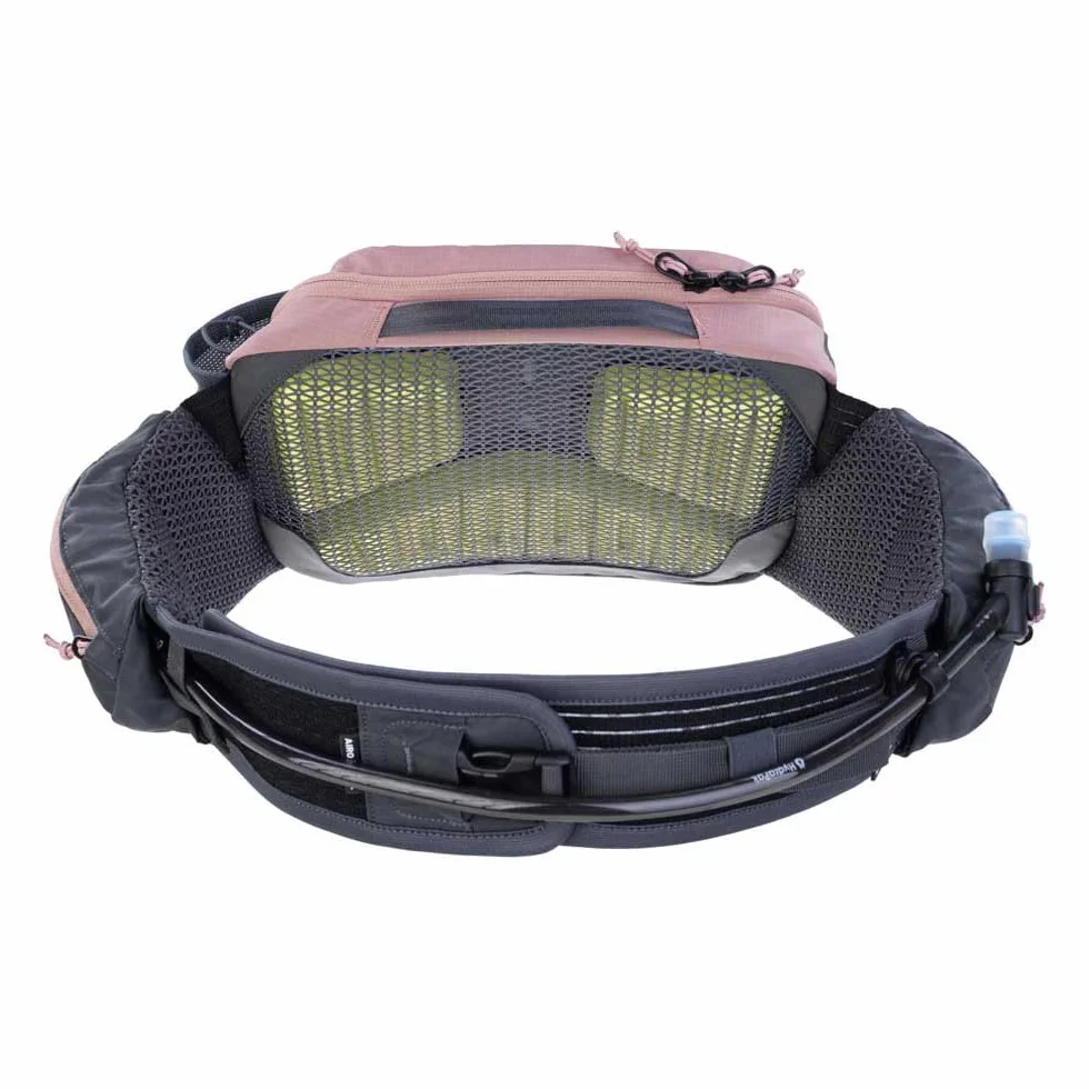 EVOC HIP PACK PRO 3 + HYDRATION BLADDER 1.5, saszetka biodrowa (AIR FLOW CONTACT SYSTEM, pas biodrowy AERO FLEX, w tym 1,5l bukłak i uchwyt na butelkę, One Size), Dusty Pink - Carbon Grey