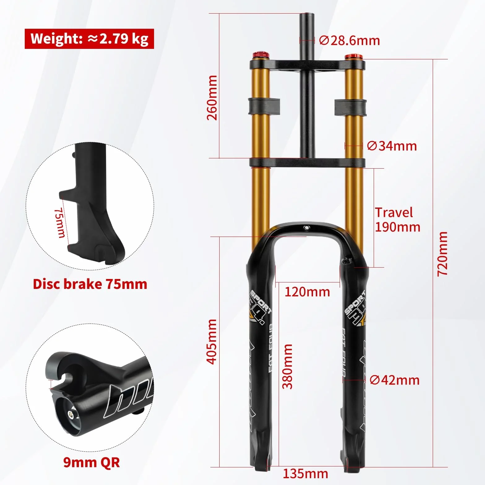 26-calowe widelce rowerowe 4.0 Fat Bike Straight Front Fork Downhill Mountain Bike MTB Widelec 1-1/8 Hamulec tarczowy Widelec pneumatyczny 170 mm Podróżny E-Bike Przedni Widelec BMX 2850g